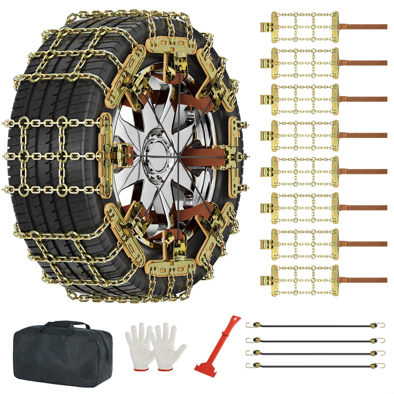 Upgraded Snow Chains 8 Pack, Tire Chains for Passenger Cars, Pickups, and SUVs, Universal Adjustable Emergency Portable Snow Tire Chains for Tire Width 215-285mm