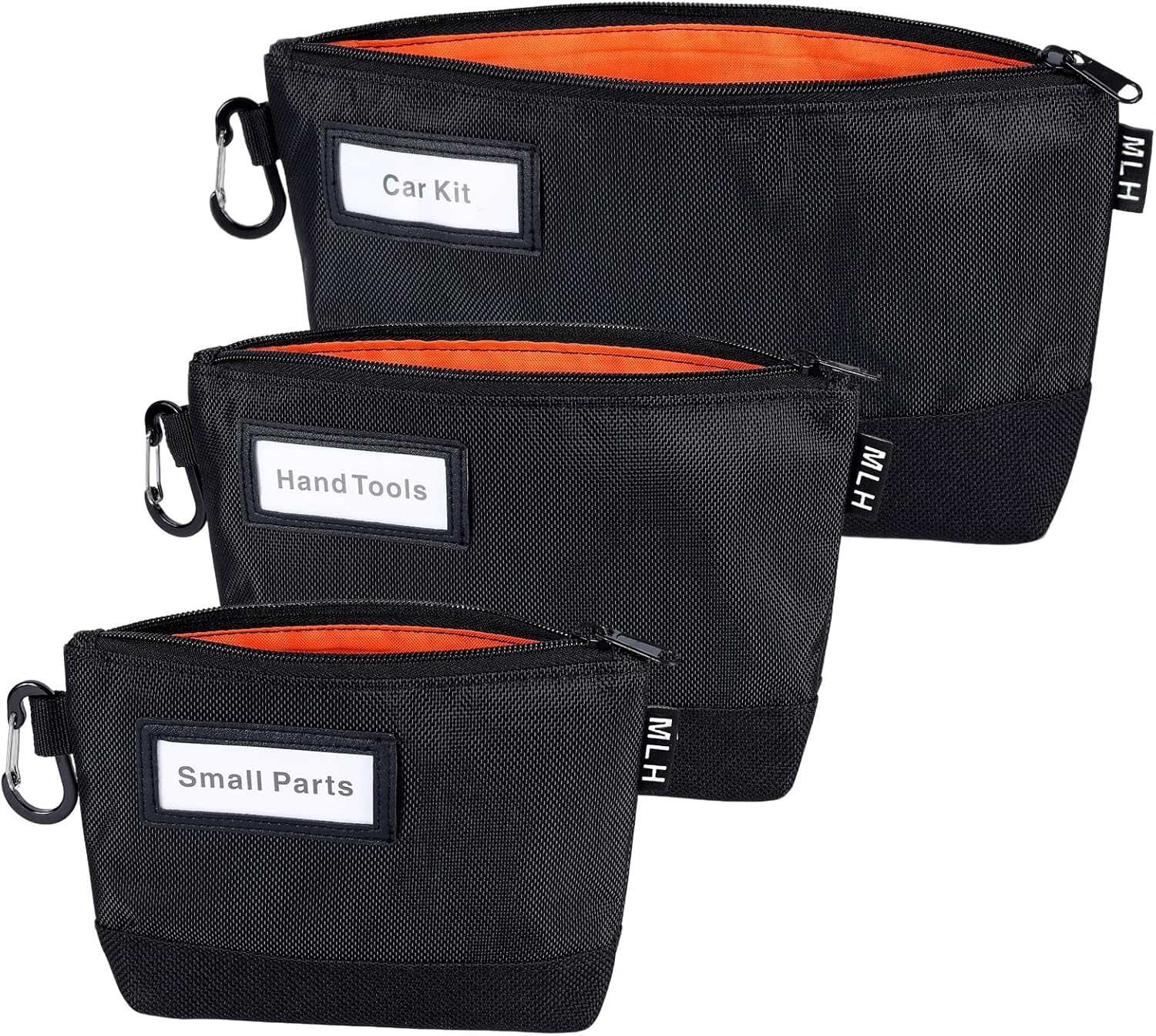 3 Pack Zipper Tool Pouches, Small, Medium, Large, Stand-Up | 1680D Oxford, 2520D bottoms, 300D hi-vis lining, PU-trimmed label windows and carabiners for garage and car trunk storage.