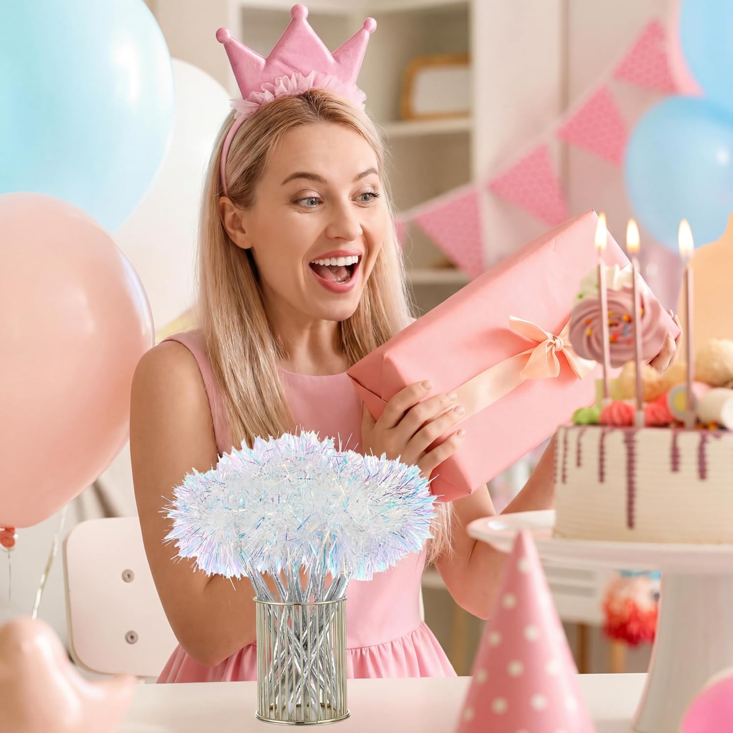 24 Pcs Foil Firework Pens Pom Pom Ballpoint Pens Bulk Happy Birthday Party Favor Supply Glitter Sparkly Tinsel Princess Pen Goodie Bag Stuffer Wedding Party Decorations Gift(Silver) image 5