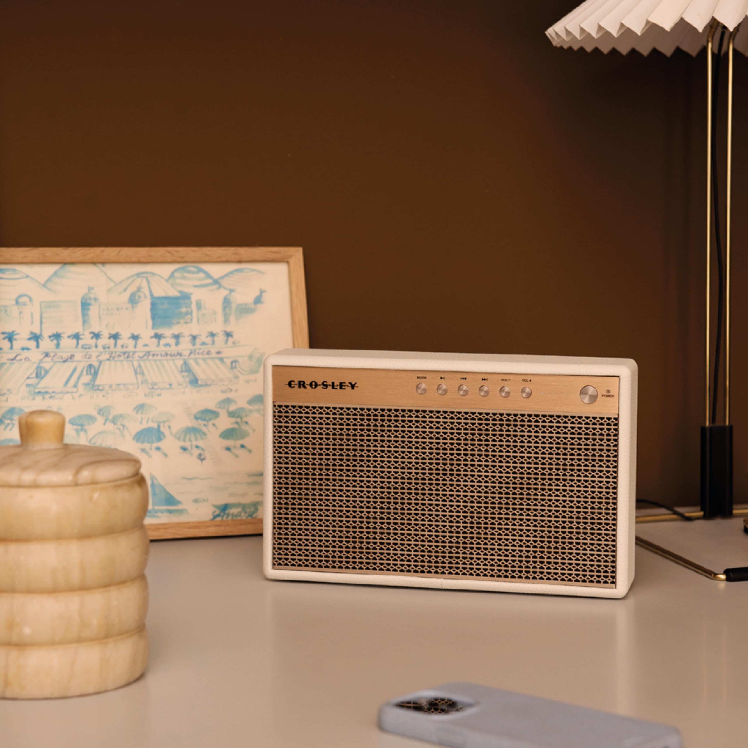 Crosley Montero Retro - Altavoz Bluetooth - Altavoz inalámbrico portátil, 20 W, Tiempo de reproducción de 8 Horas, Cargador USB, Color Blanco