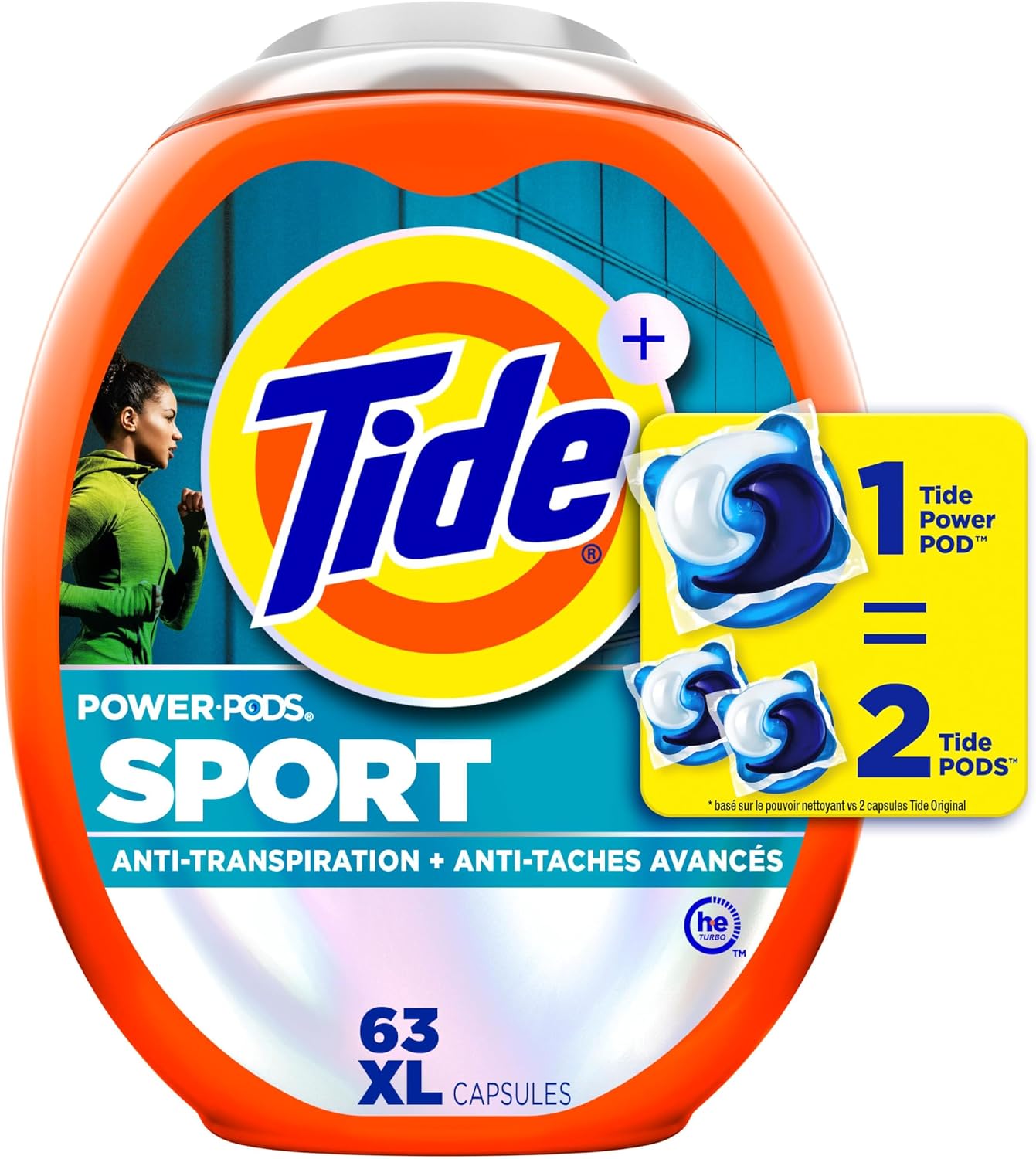 Tide Power Pods Sport Laundry Detergent Pacs, Advanced Sweat + Stain Fighter, 63 Count