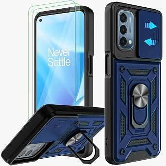 for OnePlus Nord N200 5G Case with Slide Camera Cover and 2pcs HD Screen Protector, 360 Rotation Ring Kickstand [Military Grade] Case for OnePlus Nord N200 5G Blue