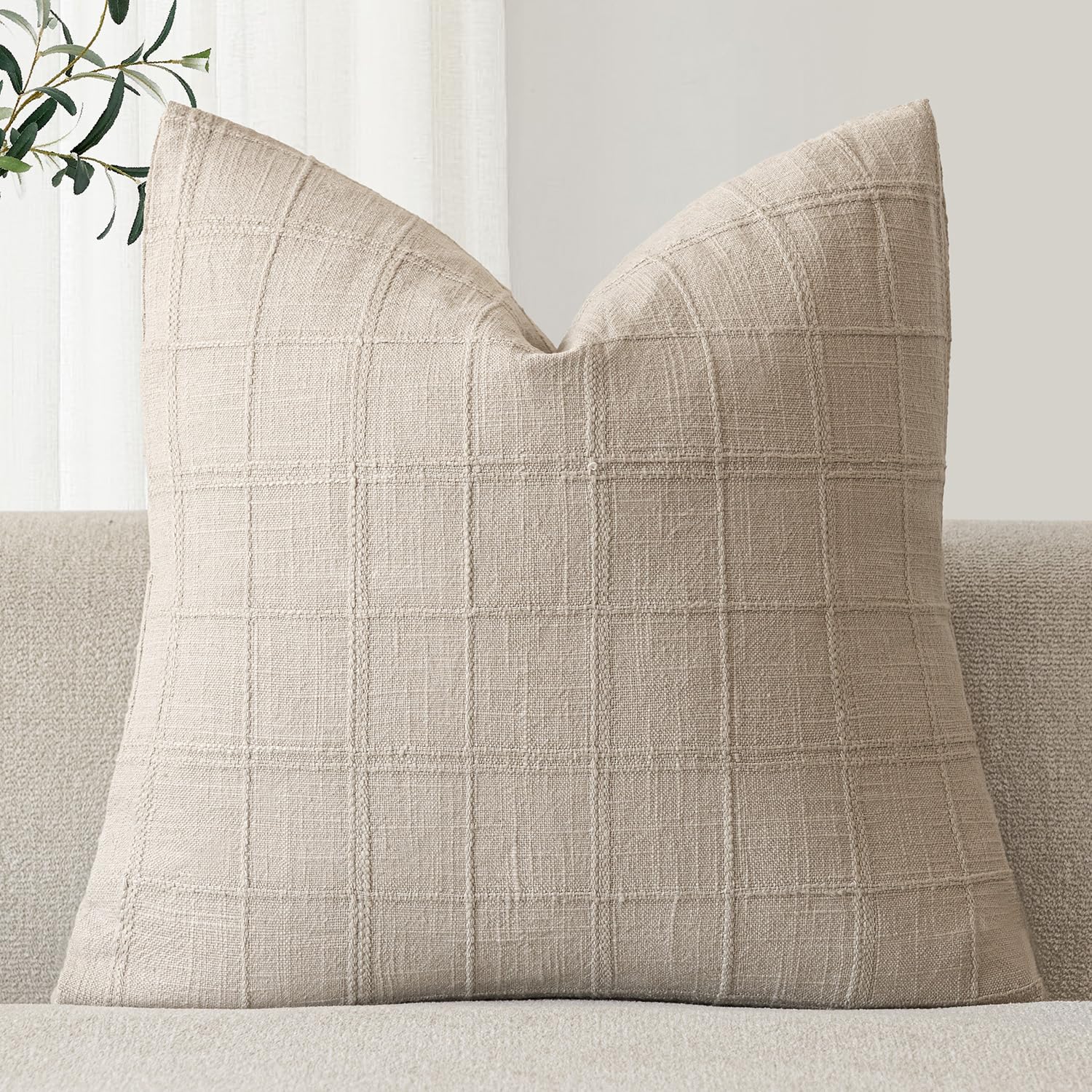 Foindtower Set of 1 Decorative Linen Check Throw Pillow Cover Neutral Farmhouse Vintage Cushion Cover Modern Boho Home Decor for Sofa Chair Couch Bedroom Living Room,22×22 Inch,Natural Linen