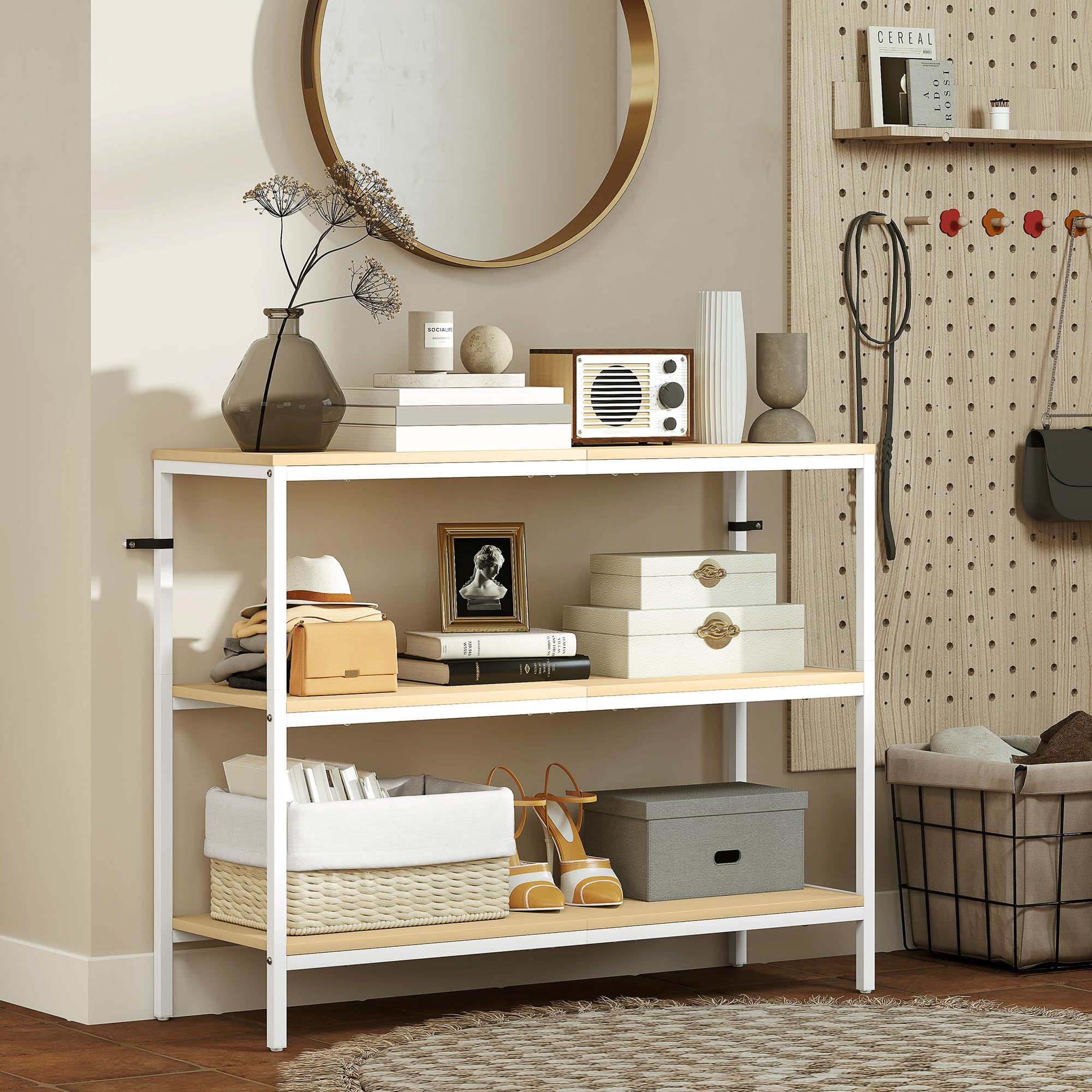 HOMCOM Mesa de Consola Estrecha Moderna 101x35x80 cm Natural y Blanco | Consola de Recibidor, Mesa de Recibidor, 3 Estantes Abiertos, Patas de Metal, Pasillo Entrada Salón Dormitorio