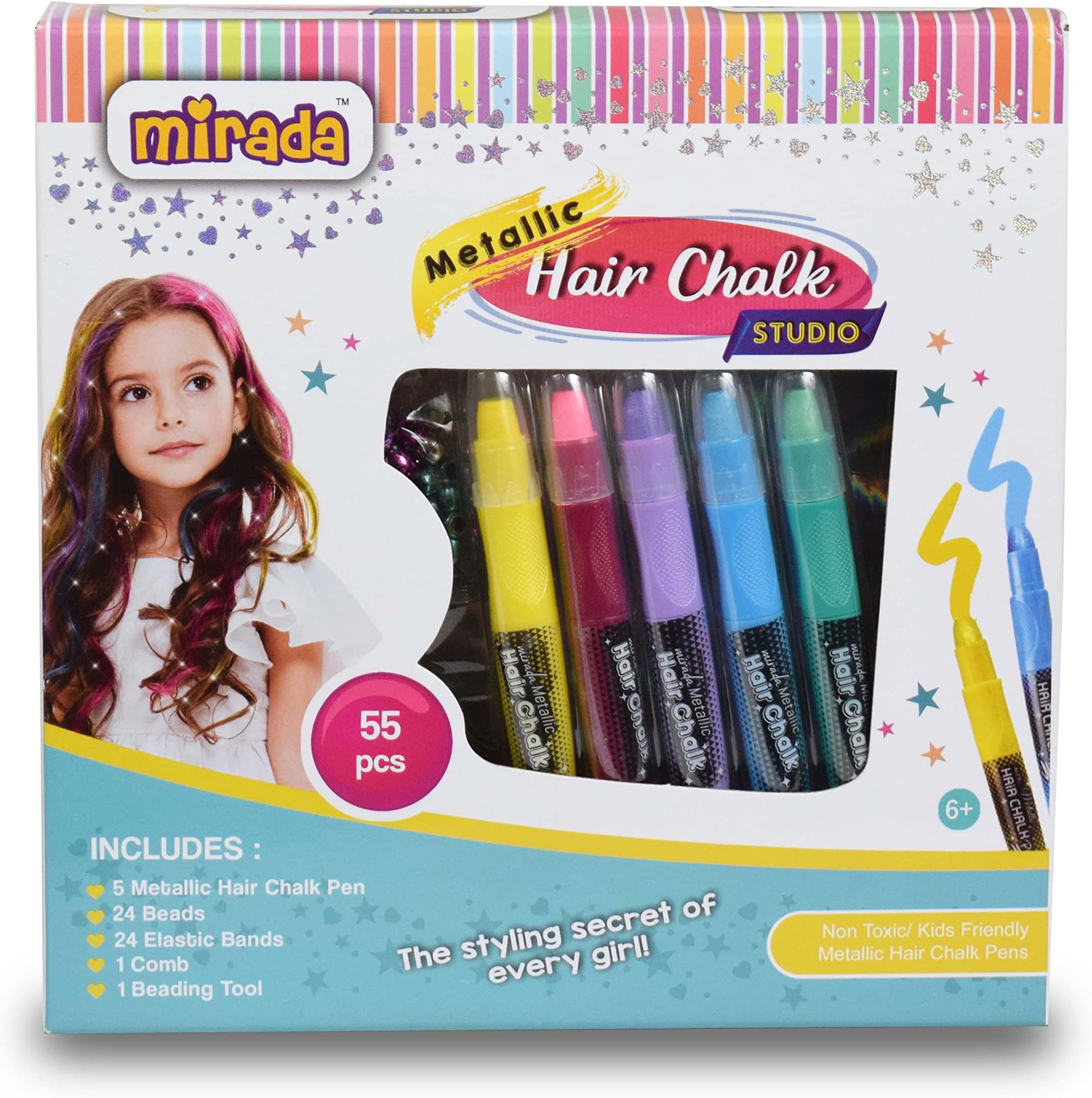 Cosmetic Metallic Hair Chalk Studio, Safe, Washable & Non-Toxic, Temporary Kids Hair Chalk, Hair Color for Girls, 250g- Multi6