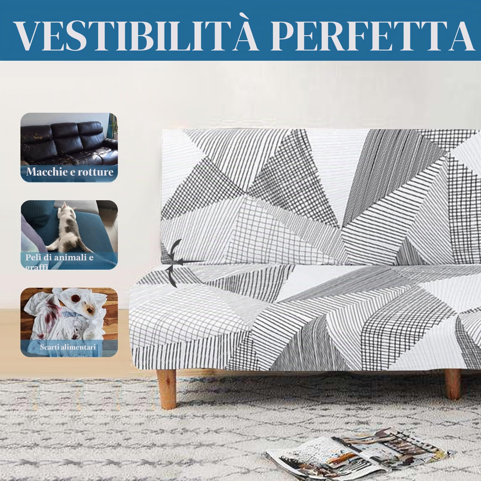 Jaotto Copridivano Clic Clac estensibile a 3 posti, fodera per divano senza braccio, elastica, in spandex, protezione per divano letto universale,Linea Bianca
