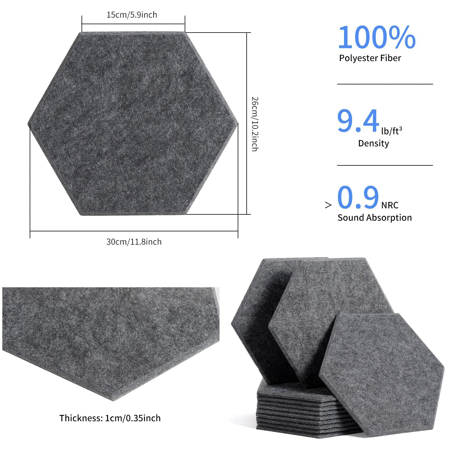 12 Pezzi Pannelli Fonoassorbenti 30 x 26 x 1 cm Pannello Acustico Isolamento Sonoro Ottimi per Ufficio, Studio, Trattamento Acustico Decorazione da parete (Grigio Scuro)