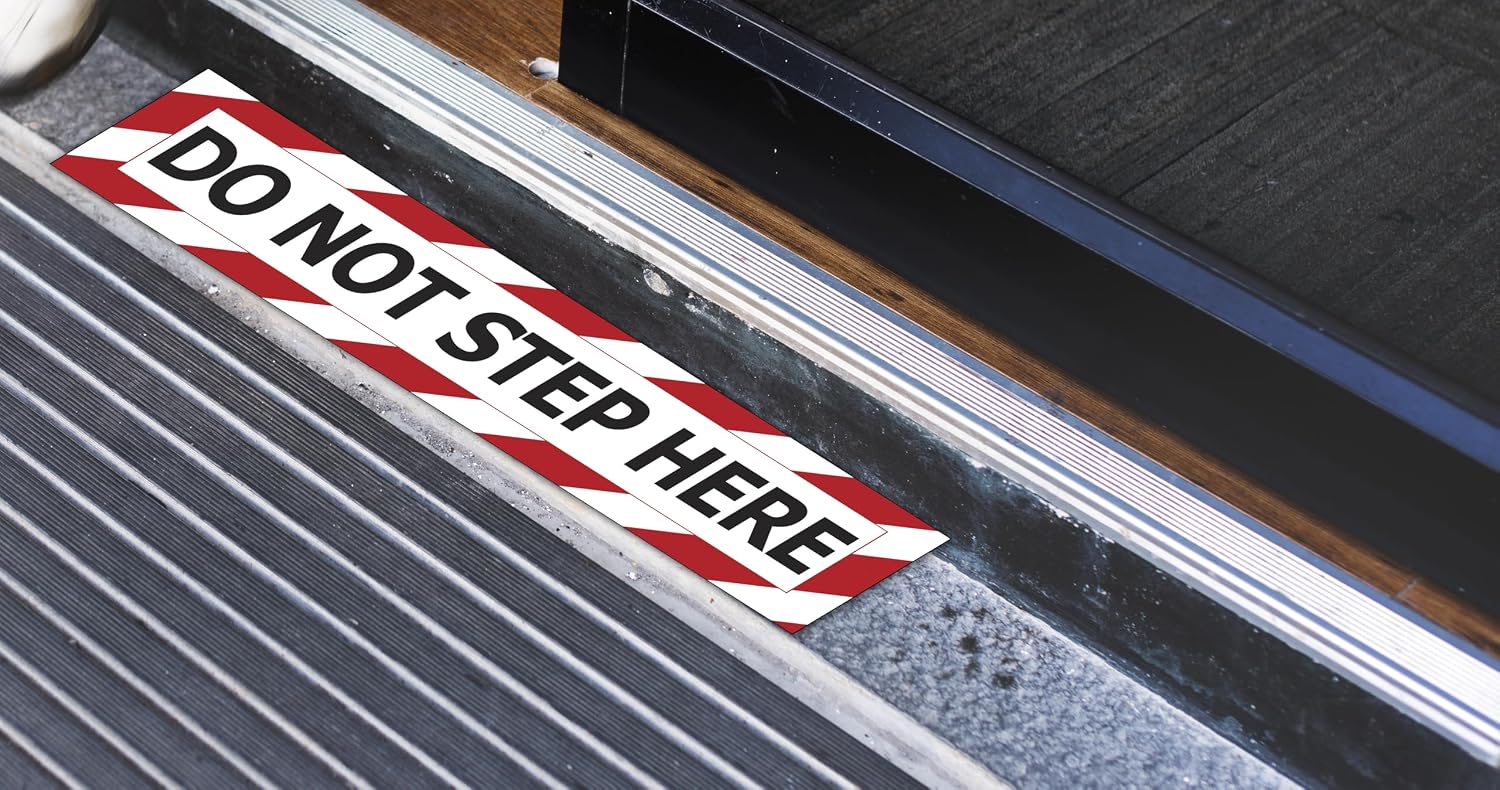 Safety Warning Sign Decal Sticker, Do Not Step Here, 7 x 3 inches, Red and Black Striped Border, 2-Pack