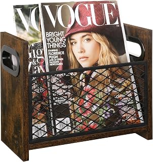 YINMIT Farmhouse Magazine Holder Rack - Rustic Metal & Pine Wood File Organizer for Desktop, Office, Books, Letters, Newspapers (Small)