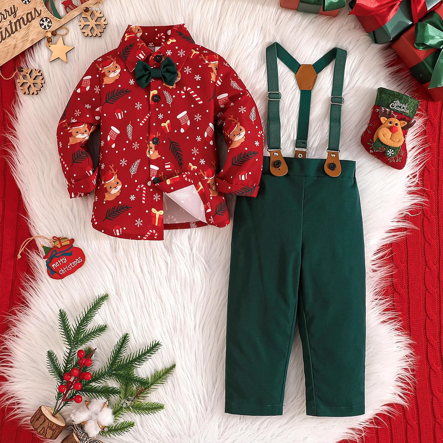 Kunyeah Baby Boys Christmas Gentleman Outfit Toddler Long Sleeve Shirt with Bow Tie Suspenders Pants Suit for 9Months-6Years