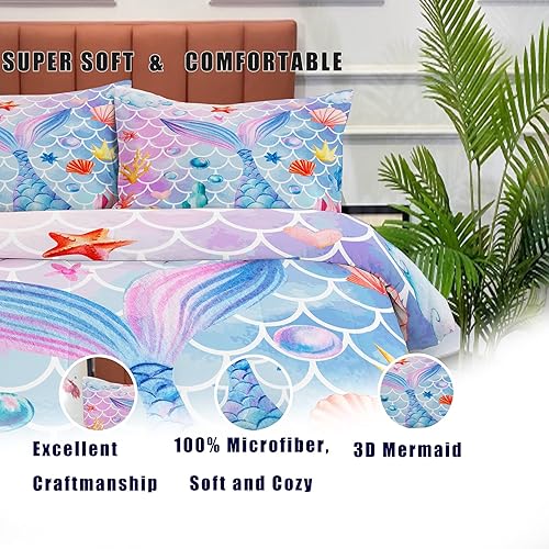 Miniatura 3 de NINENINE Juego de ropa de cama tamaño matrimonial de 5 piezas para niñas, juego de edredón de sirena para niñas de princesa con purpurina (1edredón,