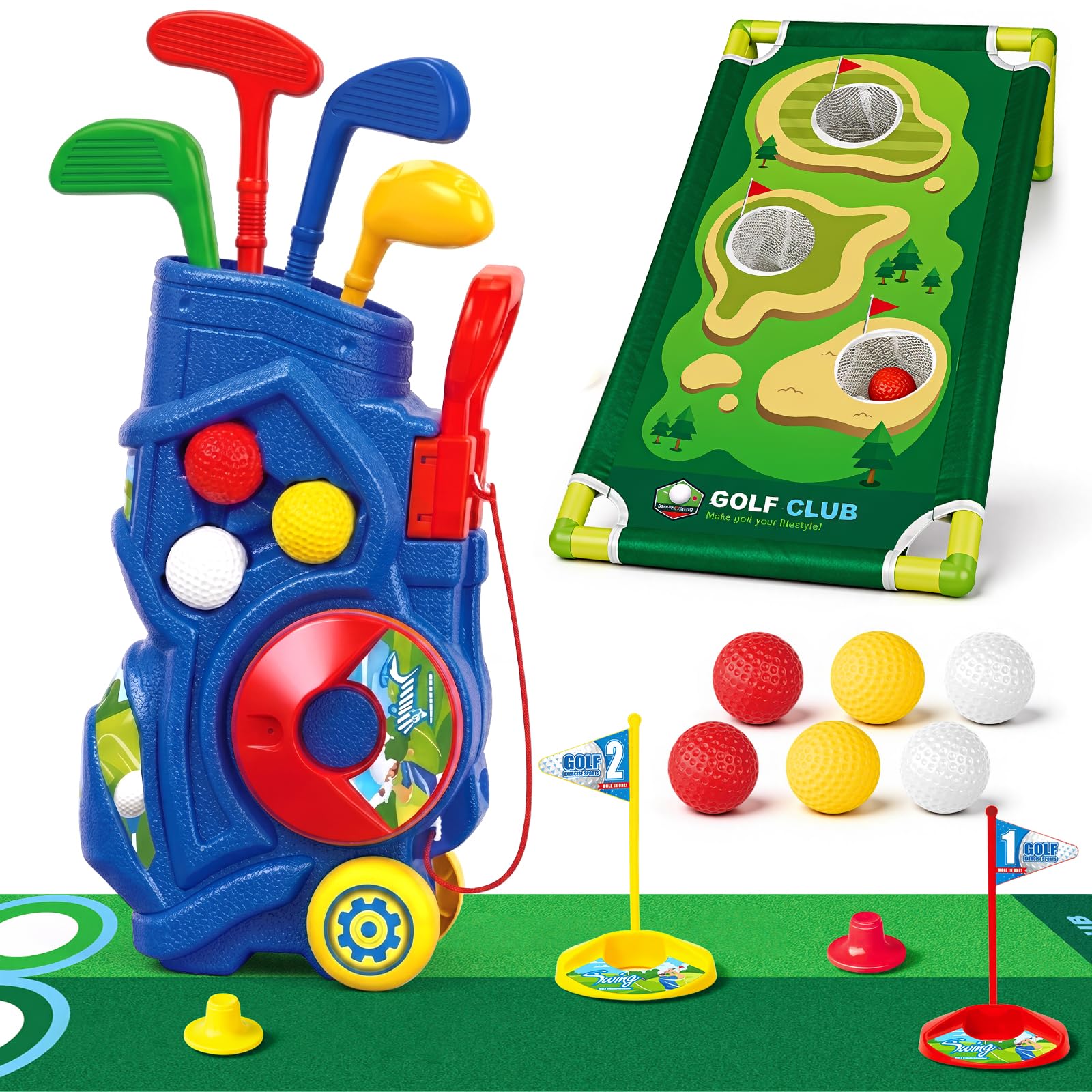 Photo 1 of YESHIN Upgraded Toddler Golf Set with 4 Golf Clubs, Cornhole Board & Putting Mat, Kids Golf Cart with 12 Balls, Outdoor Indoor Sports Toys Birthday Gift for Ages 3 4 5Boys Girls