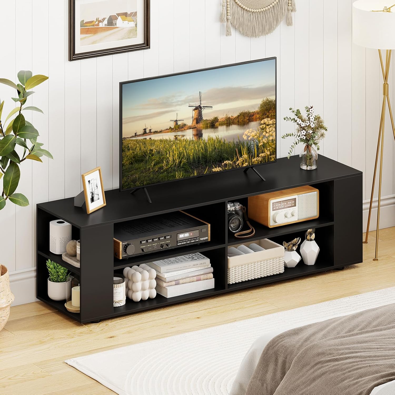 Tangkula Wood TV Stand for TVs up to 65 Inch Flat Screen, Modern Entertainment Center with 8 Open Shelves, Universal TV Storage Cabinet for Living Room Bedroom, TV Console Table (Pure-Black)