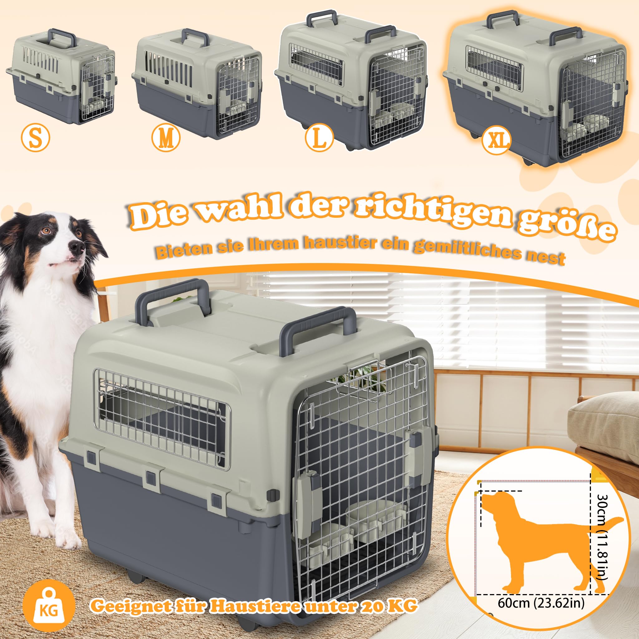 Aufun Transportín para perros con puertas de metal y 4 ruedas, bolsa de transporte para viajes en avión, asas fuertes y cerrojo de seguridad, rejilla de ventilación, caja de viaje para perros, 80 x 57