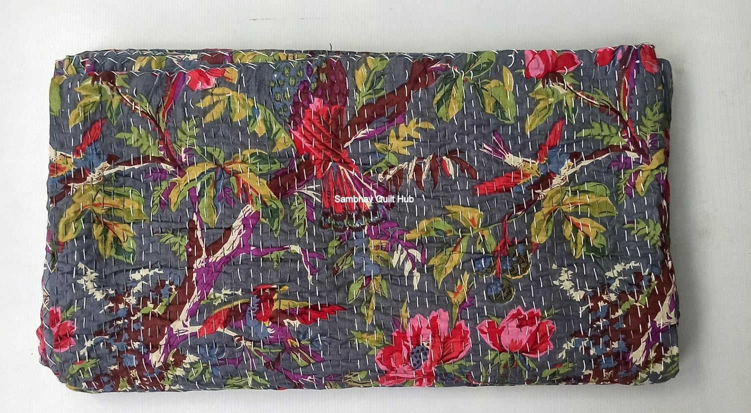 Grey Floral Bird Kantha Quilt 2 Pillow Reversible Kantha Bedding Quilt Bedspread Blanket Hippie Bohemian Kantha Quilting King/Queen Home Decor Bird Kantha Quilt with 2 Pillow Cover (60X90 inches)