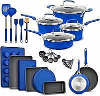 Vista 1 de Pots and Pans Set, 23-Piece Non Stick Cookware & Bakeware Sets with Plaid Pattern, Stackable Design, Dishwasher Safe, Stain-resistant, Oven & Blue