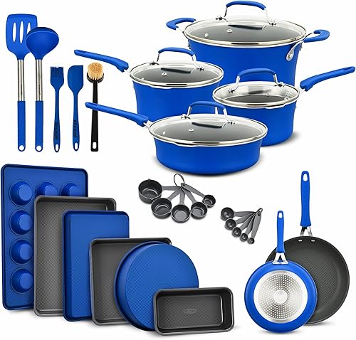 BAKKEN Swiss - Juego de utensilios de cocina  23 piezas  Ollas de cocina de varios tamaños azules con tapas, sartenes de sartén y utensilios para