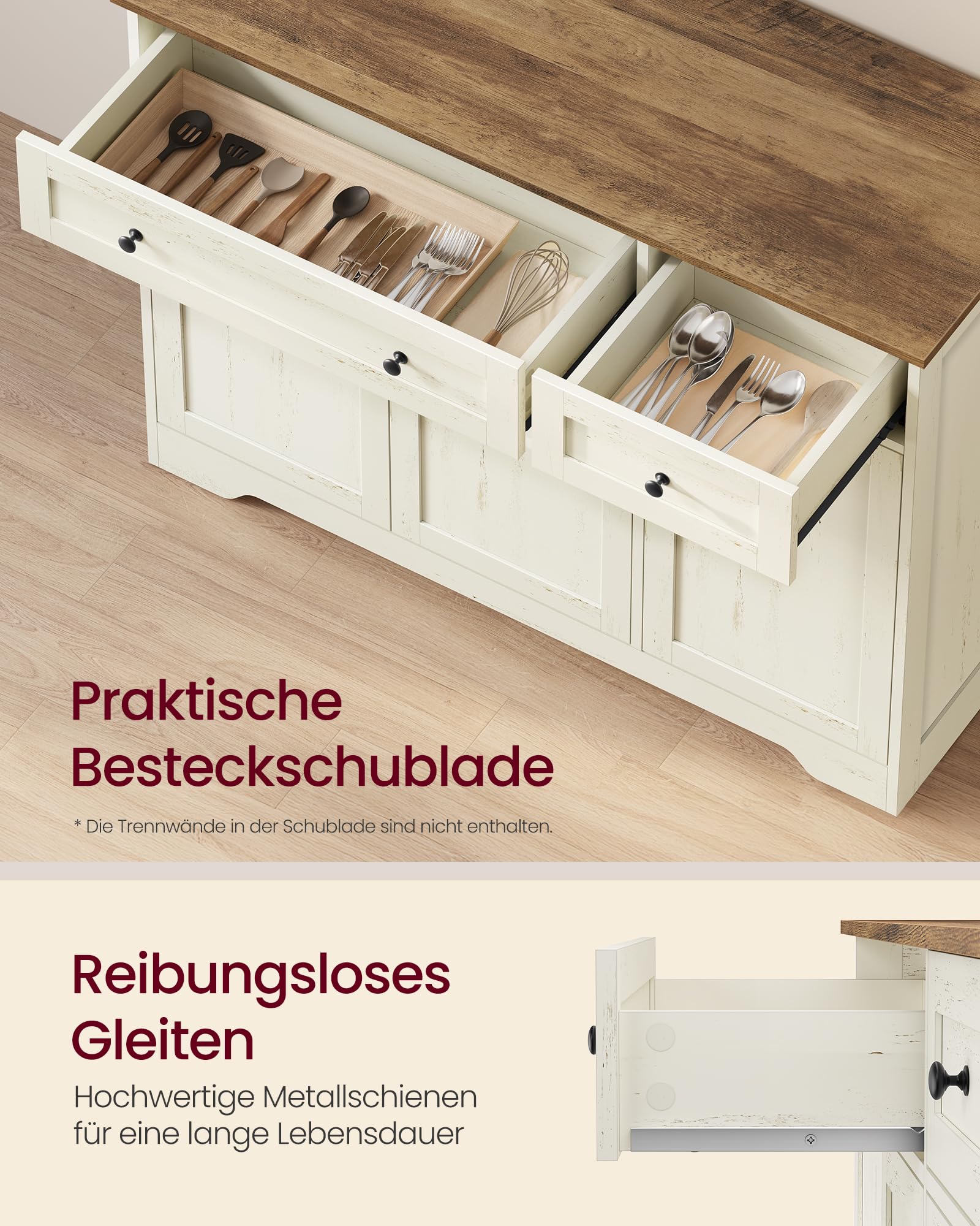 VASAGLE Siren Kollektion - Aufbewahrungsschrank, Küchenschrank im Landhausstil, Sideboard, 2 Schubladen, verstellbare Ablagen, 3 Türen, Kaffeebar, 40 x 106,8 x 80 cm, vintageweiß LSC531WJ01