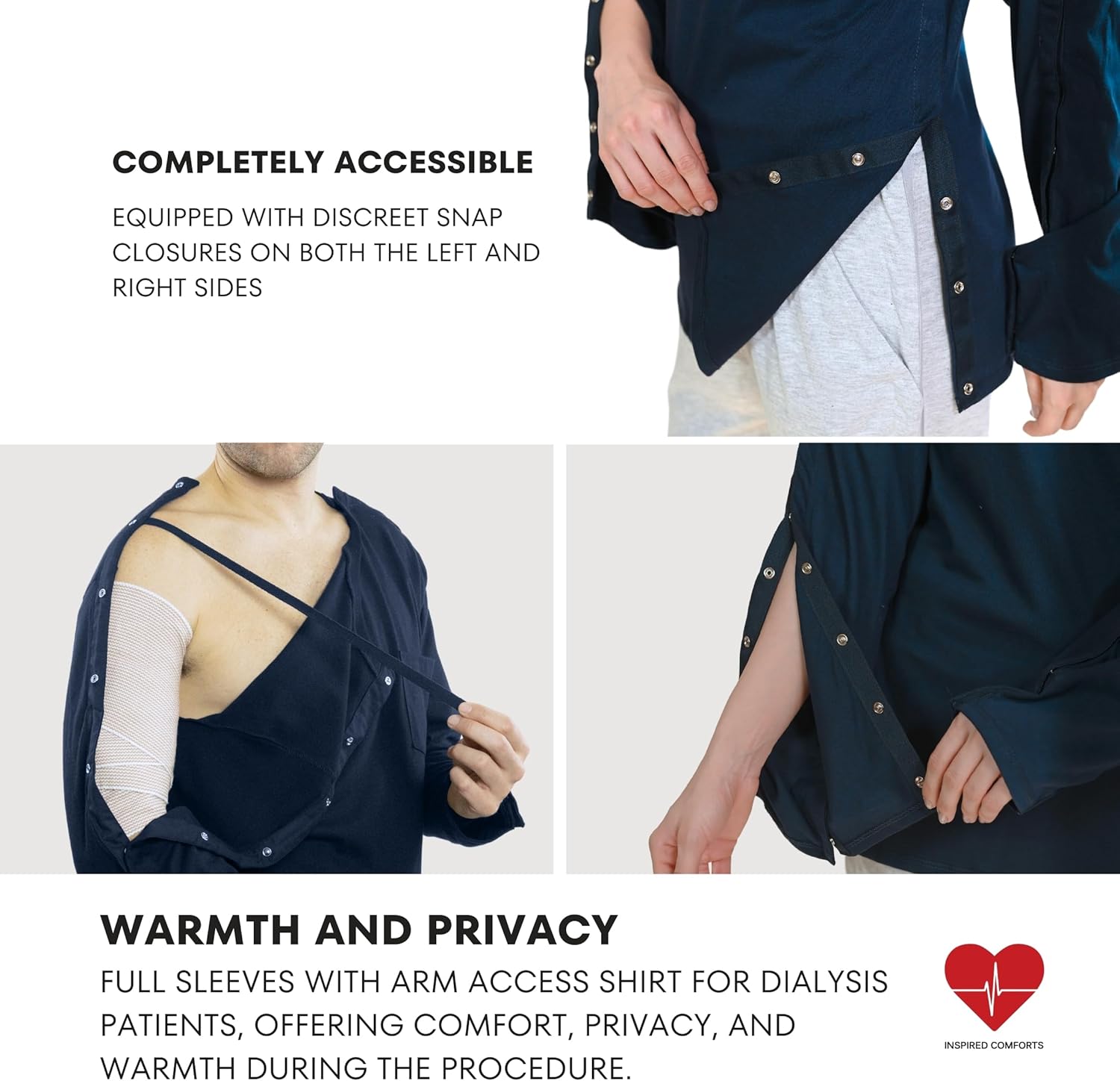 Inspired Comforts Unisex Post-Surgery/Dialysis Shirt | Full Tearaway Design with Easy-Open Shoulder, Arm & Side Snaps - Image 2
