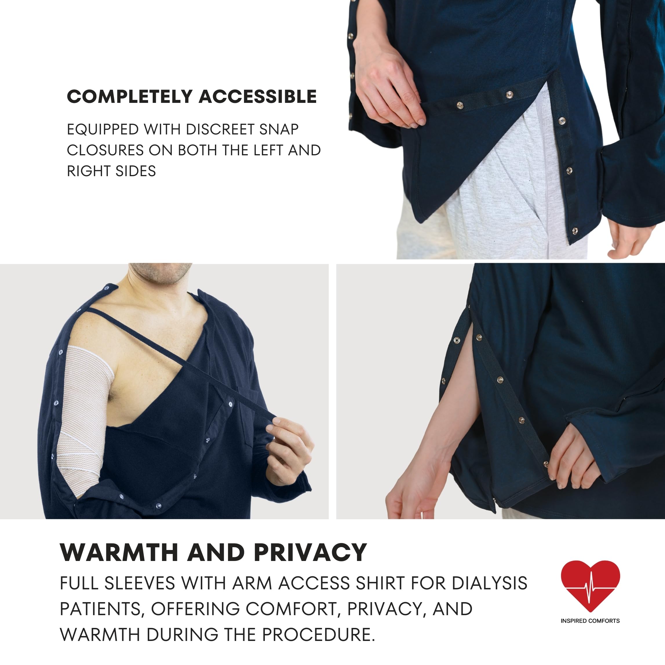 Inspired Comforts Langarmhemd für Dialyse und Chirurgie mit Verschlüssen an Schultern und Armen für Herren