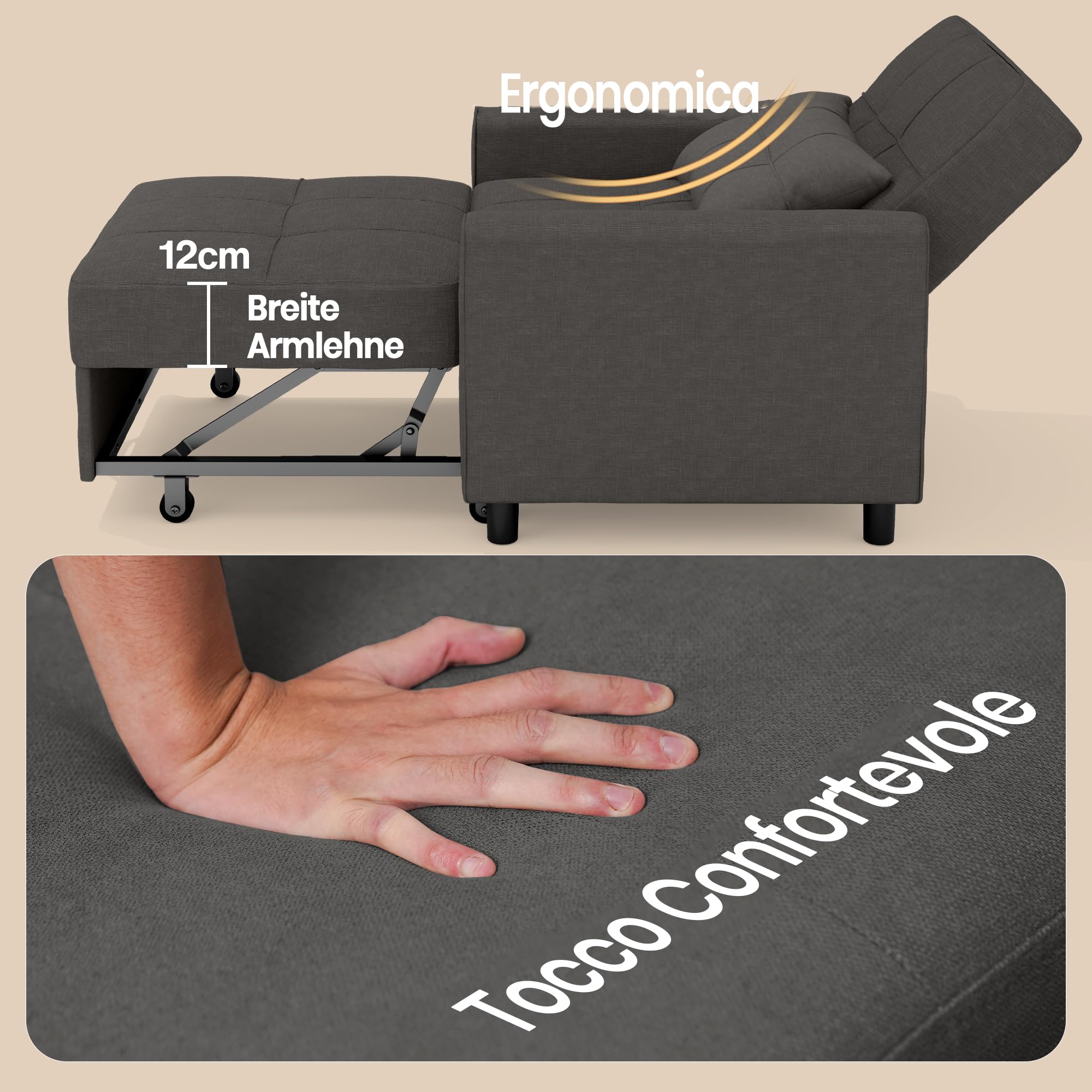 Bealife Poltrona relax,Poltrona letto con schienale regolabile, Poltrona Letto Singolo, Poltrona reclinabile per soggiorno, camera da letto, balcone e ufficio(grigio scuro)