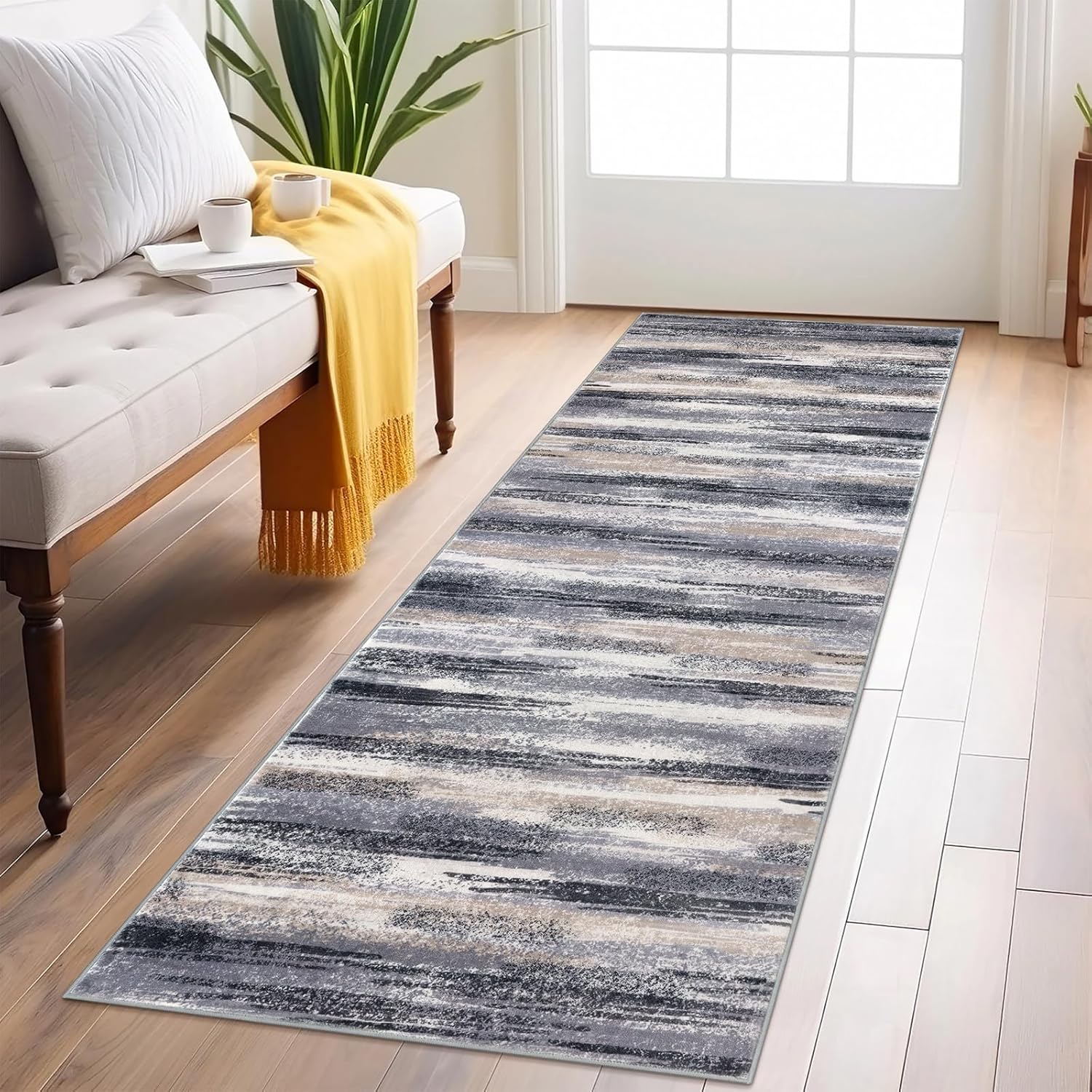 Modern Abstract Runner Rug 2x6, Grey Black Multi Washable Kitchen Runner Non-Slip Soft Hallway Rug Runner Thin Print Faux Wool Carpet for Entryway Bedroom Laundry Room Indoor