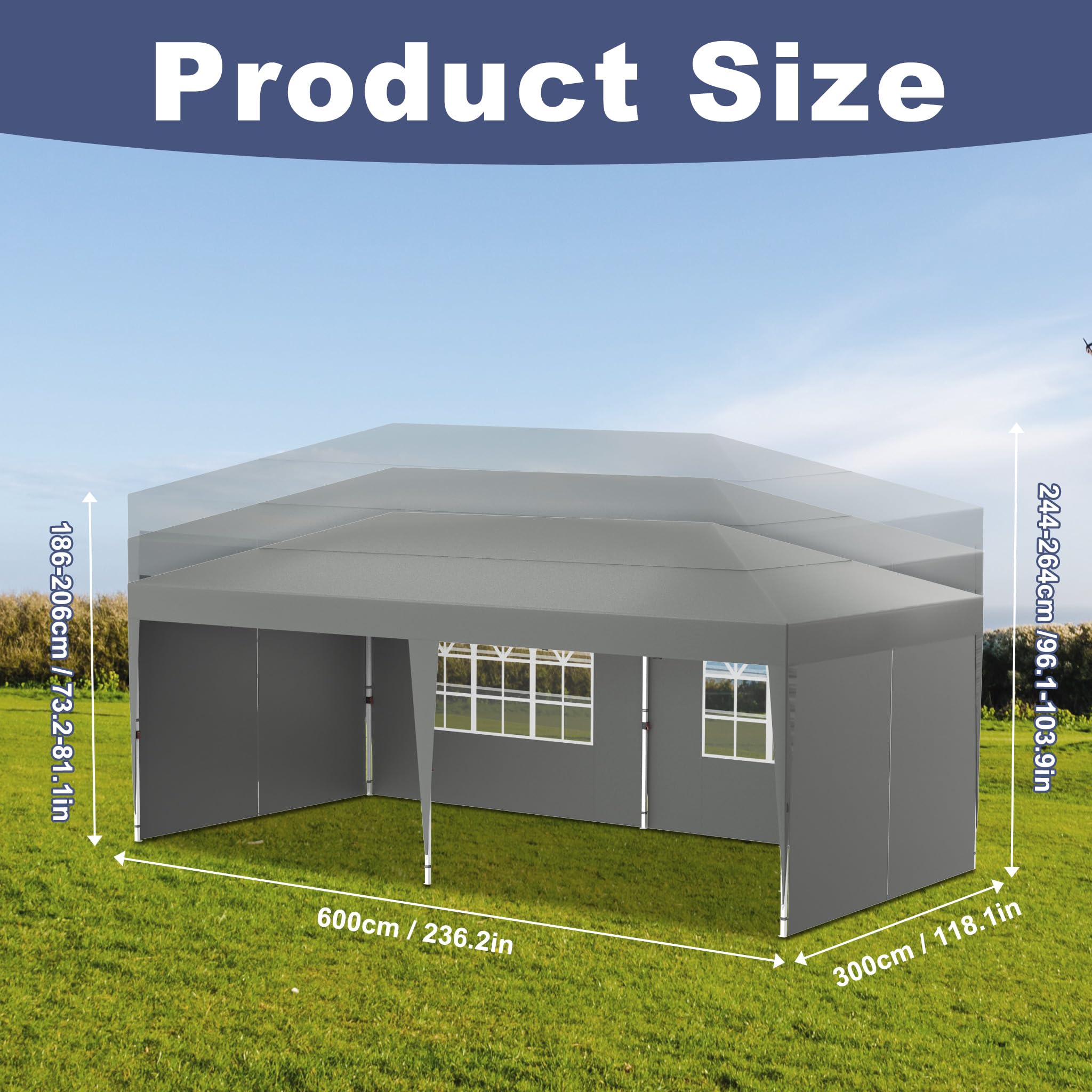 Aufun Faltpavillon 3x6m - Wasserdichtes Partyzelt Mit 6 Seitenteilen Grau