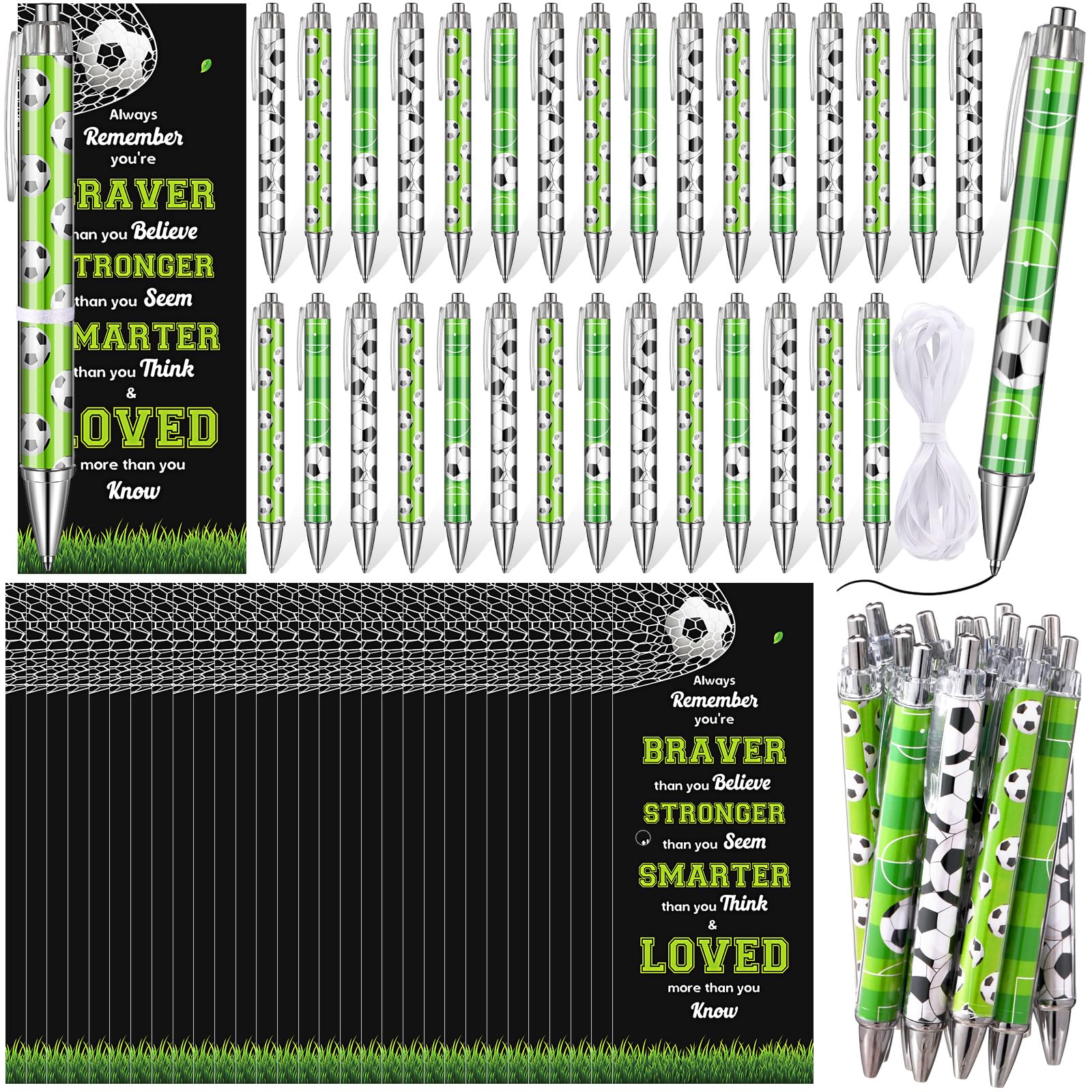 60 Pcs Soccer Party Favors Gifts Include 30 White Soccer Ballpoint Pens, 30 Braver Smarter Stronger Cards for Prize Team Coach Adults Players Lover
