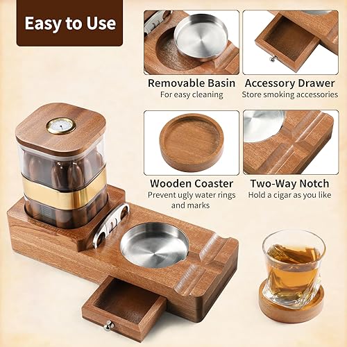 Miniatura 5 de SWEWARM Humidor de cigarros y cenicero de puros, juego de cenicero de madera con cortador de puros y posavasos, soporte compacto de viaje para