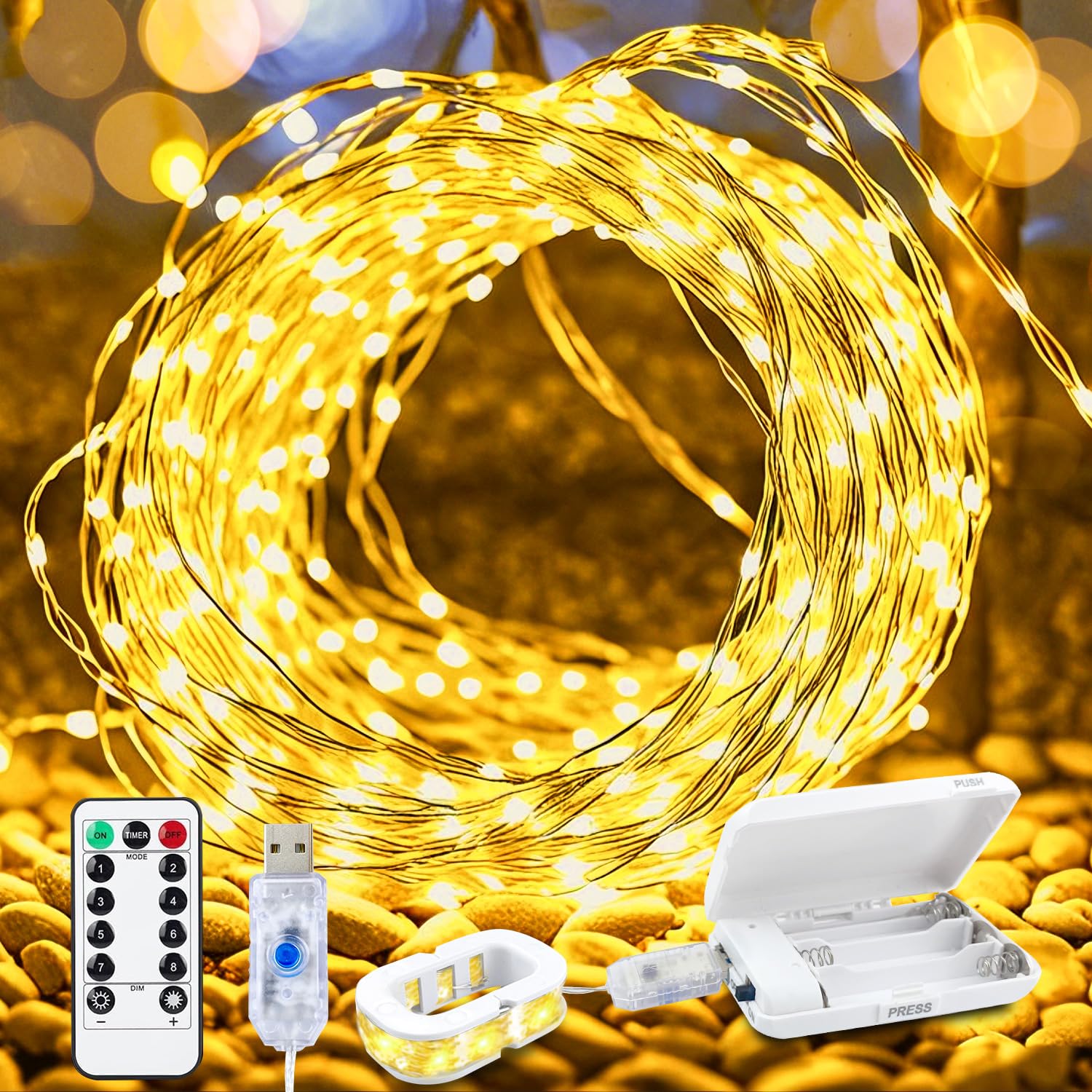 Aogist 2-Pack 50LED Fairy Lights 16ft Dual Power(USB/Battery) with Remote & Timer,8 Modes Flexible Copper Wire Waterproof String Lights for Outdoor