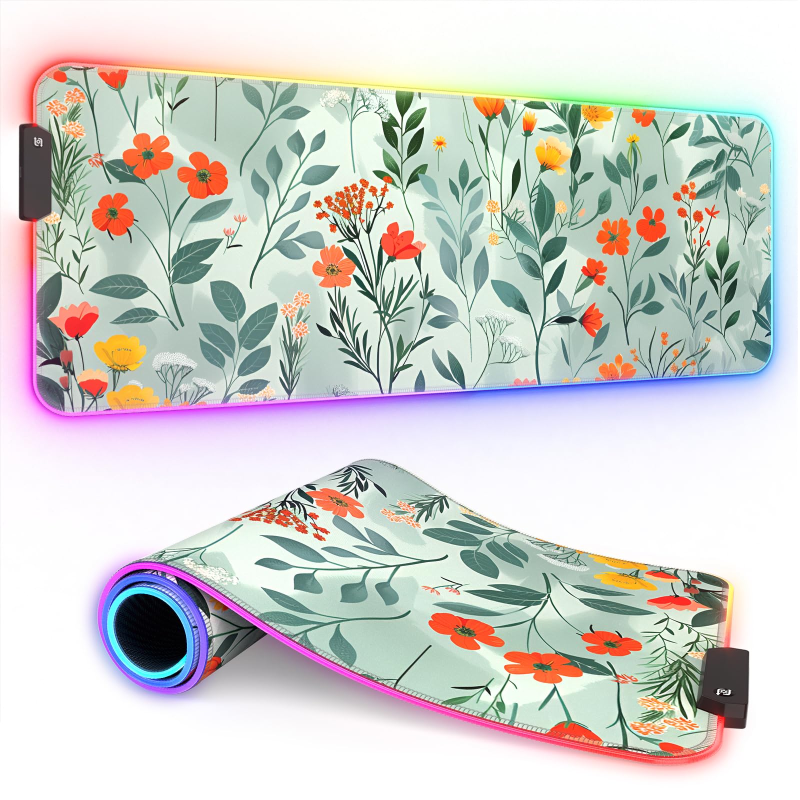 ITNRSIIET RGB Gaming Mouse Pad, Full Desk XL Extended Large Gaming Mousepad, 12 Lighting Modes 30% Thicker Big LED Desk Mat for Gamers,B02 Beautiful Flowers