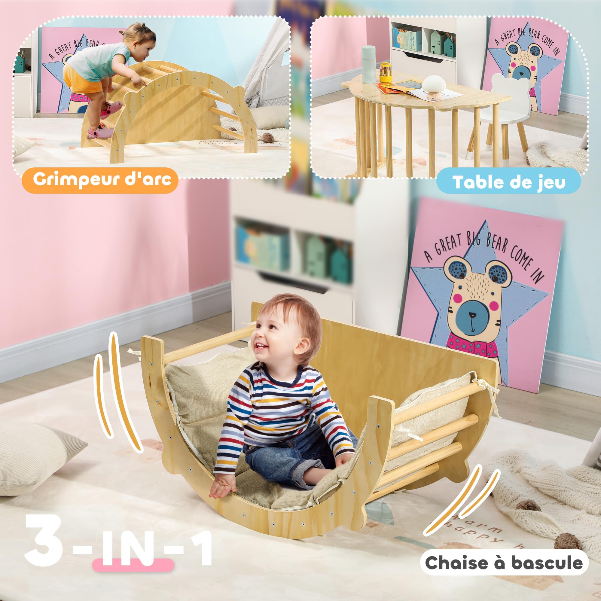 AIYAPLAY 3 en 1 Arche Escalade Enfants, Chaise à Bascule et Table de Jeu avec Coussin - Parcours motricité bébé en en Bois Massif pour garçons & Filles de 18 à 48 Mois, Bois Naturel