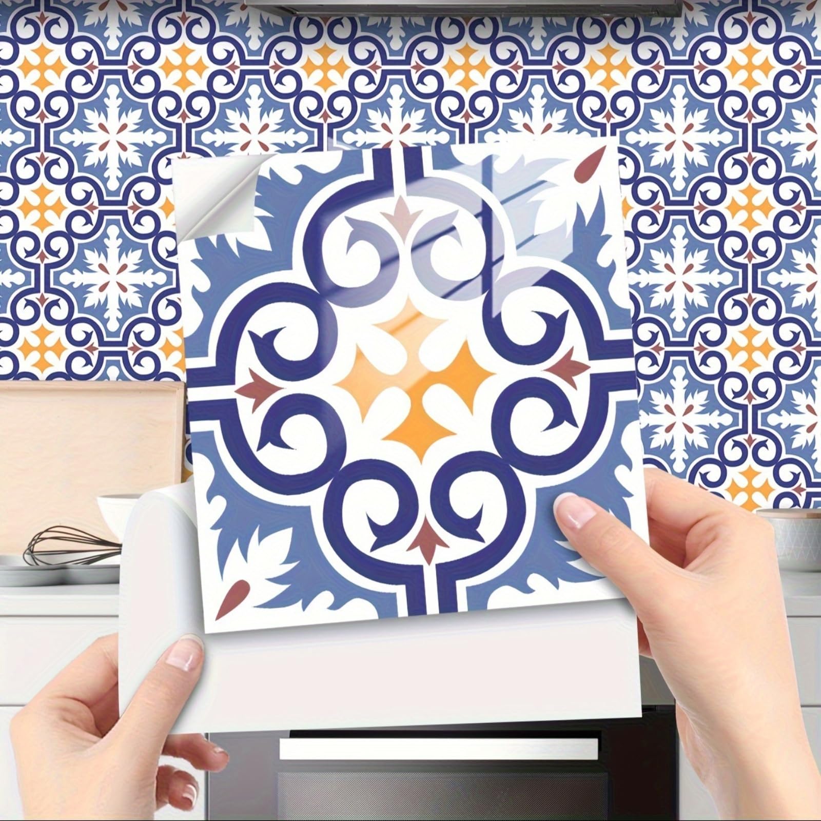 Retro Tile Stickers 10/15/20/30cm, 10Pcs Self-Adhesive Moroccan Wall Tiles, Waterproof Peel & Stick Vinyl for Kitchen Splashback Bathroom Floor Stairs (30x30cm-10pcs,FMB-674)