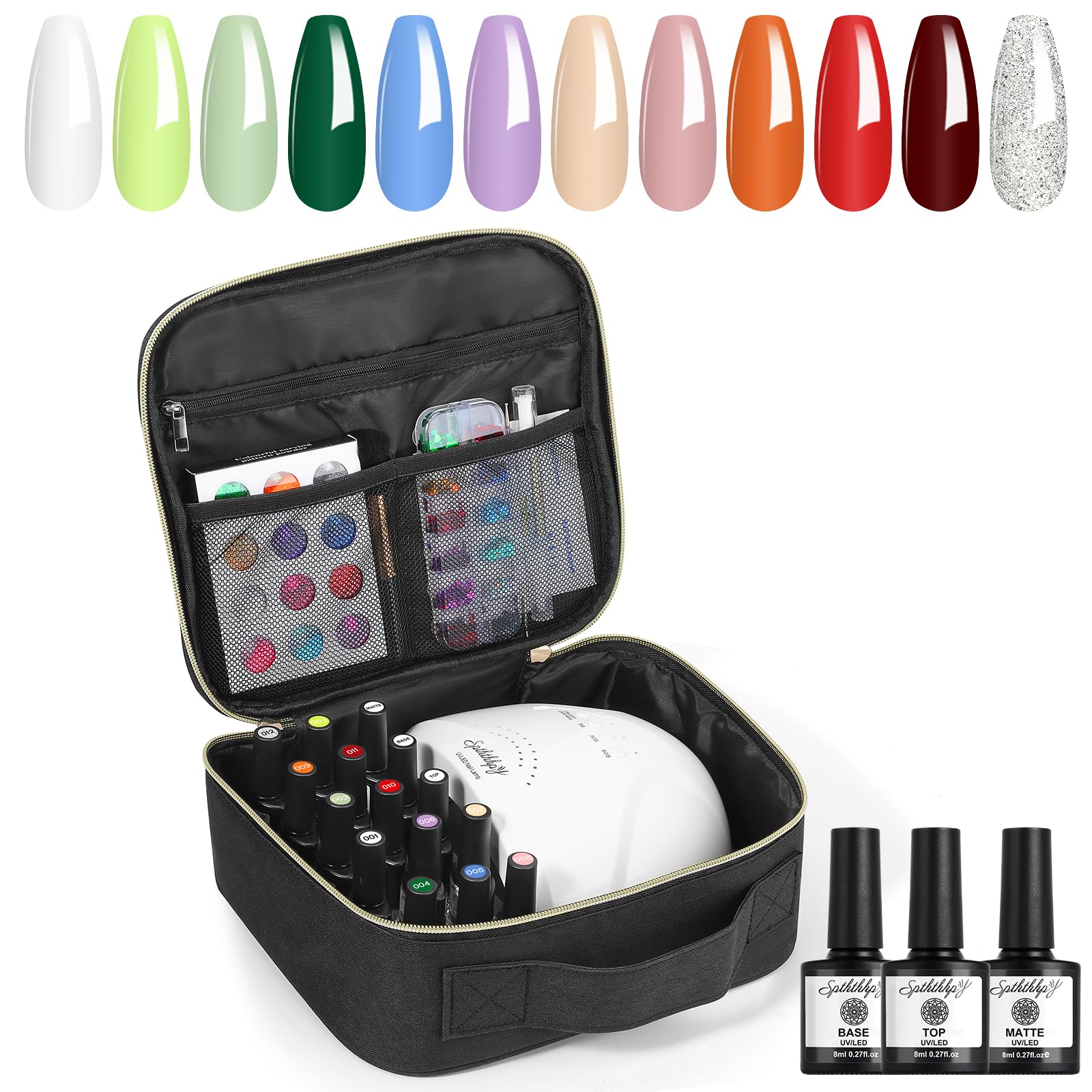 Kit Uñas Semipermanentes SPTHTHHPY con 48W UV/LED Lámpara, 12 Colores Kit Uñas de Gel Completo con Mate y Base Top Coat, Set Manicura Semipermanente Viene con Organizador Pintauñas