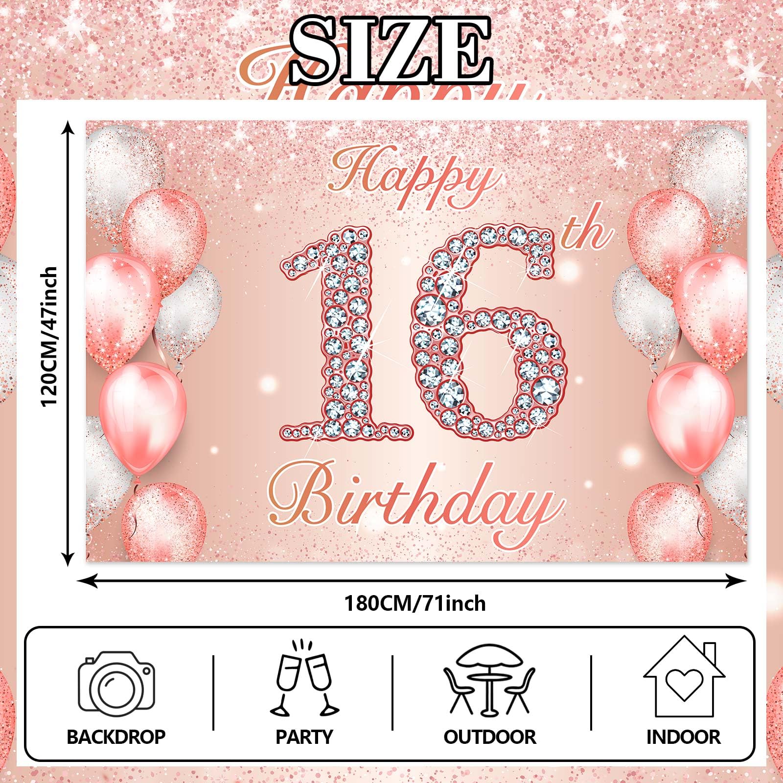 Happy 16th Birthday Decorazione Sfondo Banner per Ragazze Happy 16 Anni Vecchio Tessuto Poster Segnale Poster, Turchese Fotografia Sfondo 16th Birthday Party Supplies, 150x90cm