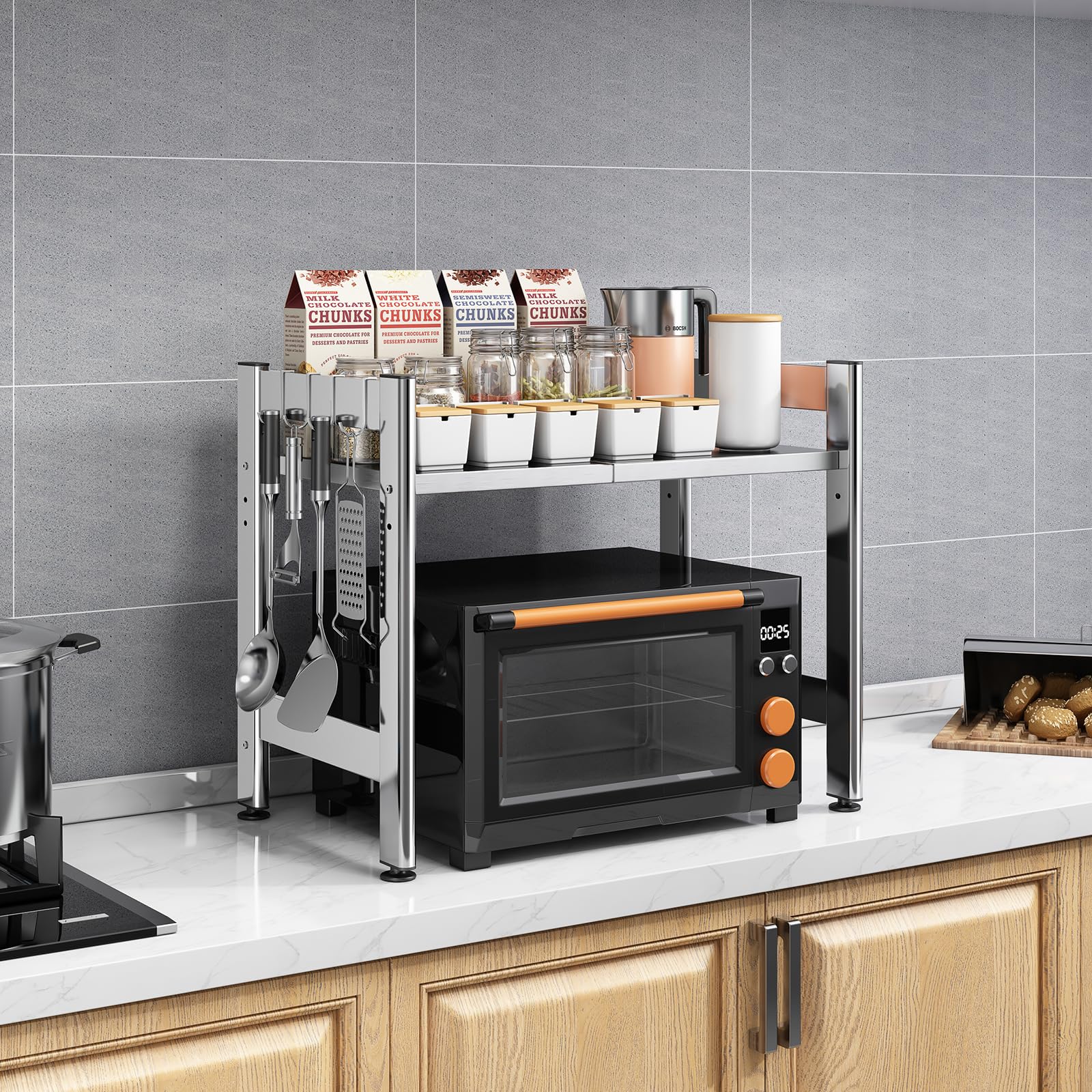 Mensola estraibile e regolabile per forno a microonde, ripiano da cucina, in acciaio inox, a 2 piani, con piano di lavoro