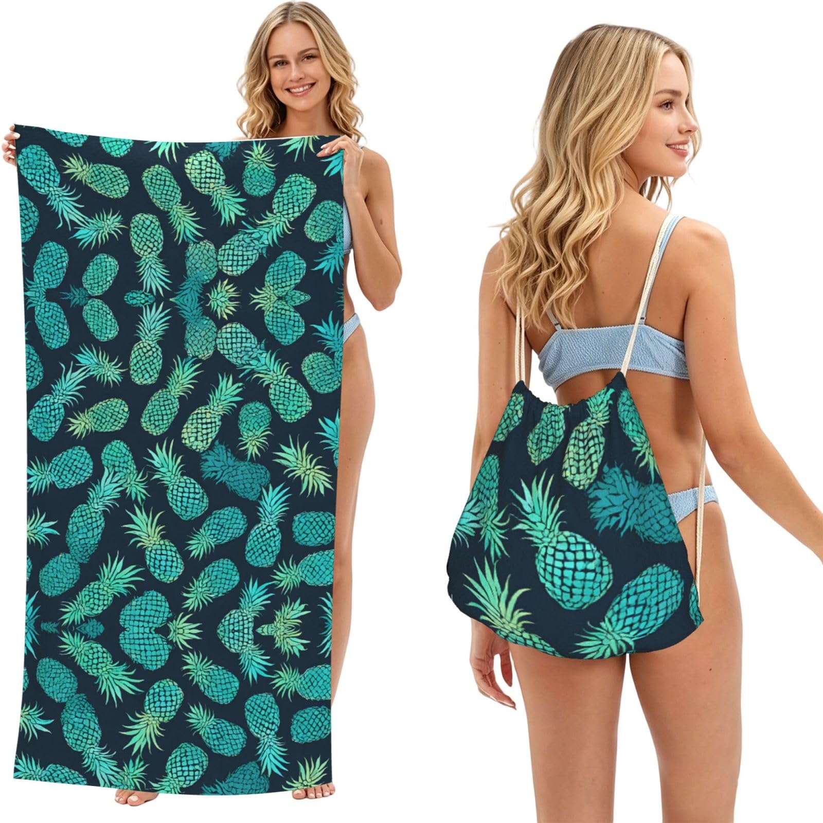 ESNAIUVCD Blue Pineapple Print Beach Towel For Adults,Towel With Drawstring Bag, Travel Pool Swimming Sports Shower Sand Free Quick Dry Bath Towel For Pool, Beach, Yoga- 180x60cm