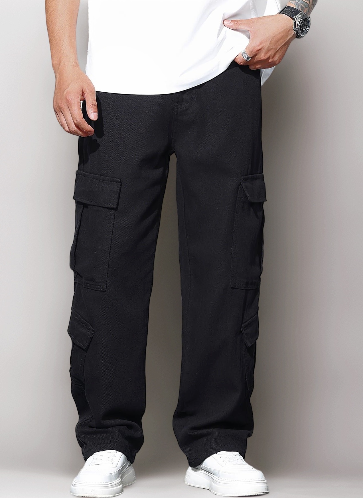 Zewool Mens Casual Baggy Cargo Denim Pants with Pockets Wide Leg