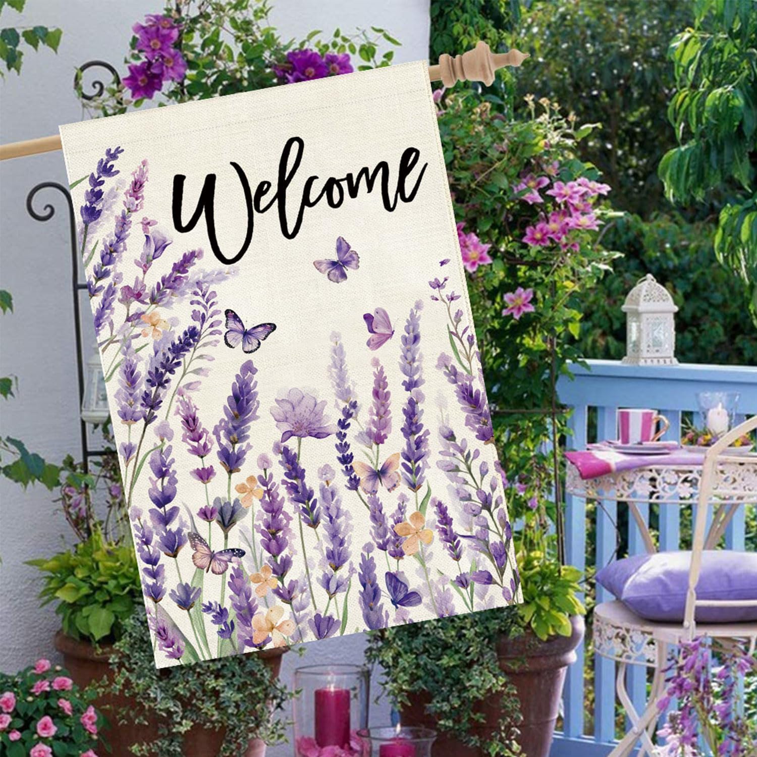 Baccessor Spring Welcome Lavender House Flag 28 x 40 Inch Vertical Double Sided Burlap Butterfly Purple Floral Flower Farmhouse Large Flag Holiday Seasonal Porch Outdoor Outside Decoration - Image 2