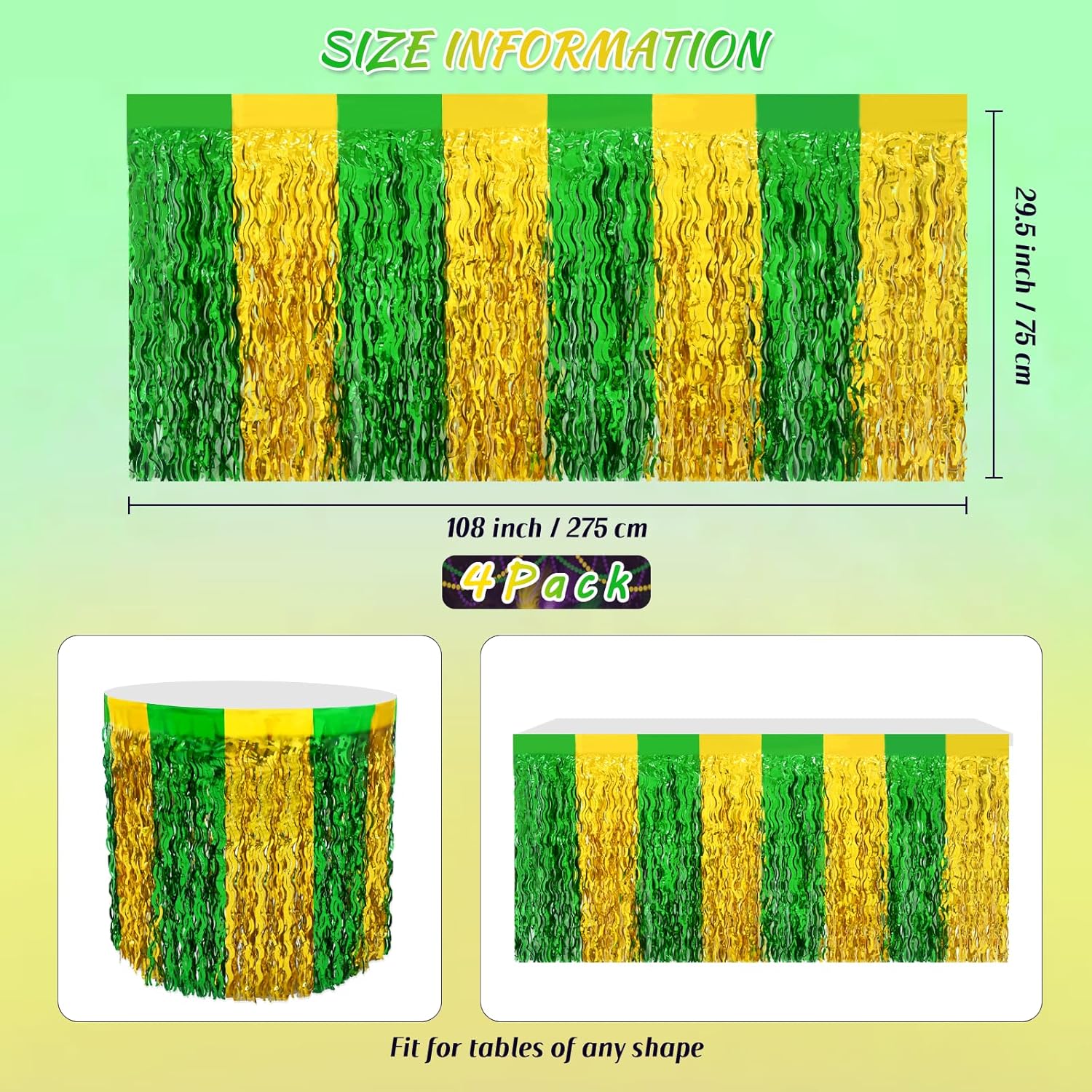 Mega-L St. Patrick's Day Party Decorations, 4 Pack Green Gold Wavy Metallic Tinsel Foil Fringe Table Skirts for Rectangle and Round Table, Table Decorations for Irish-Themed Party Supplies