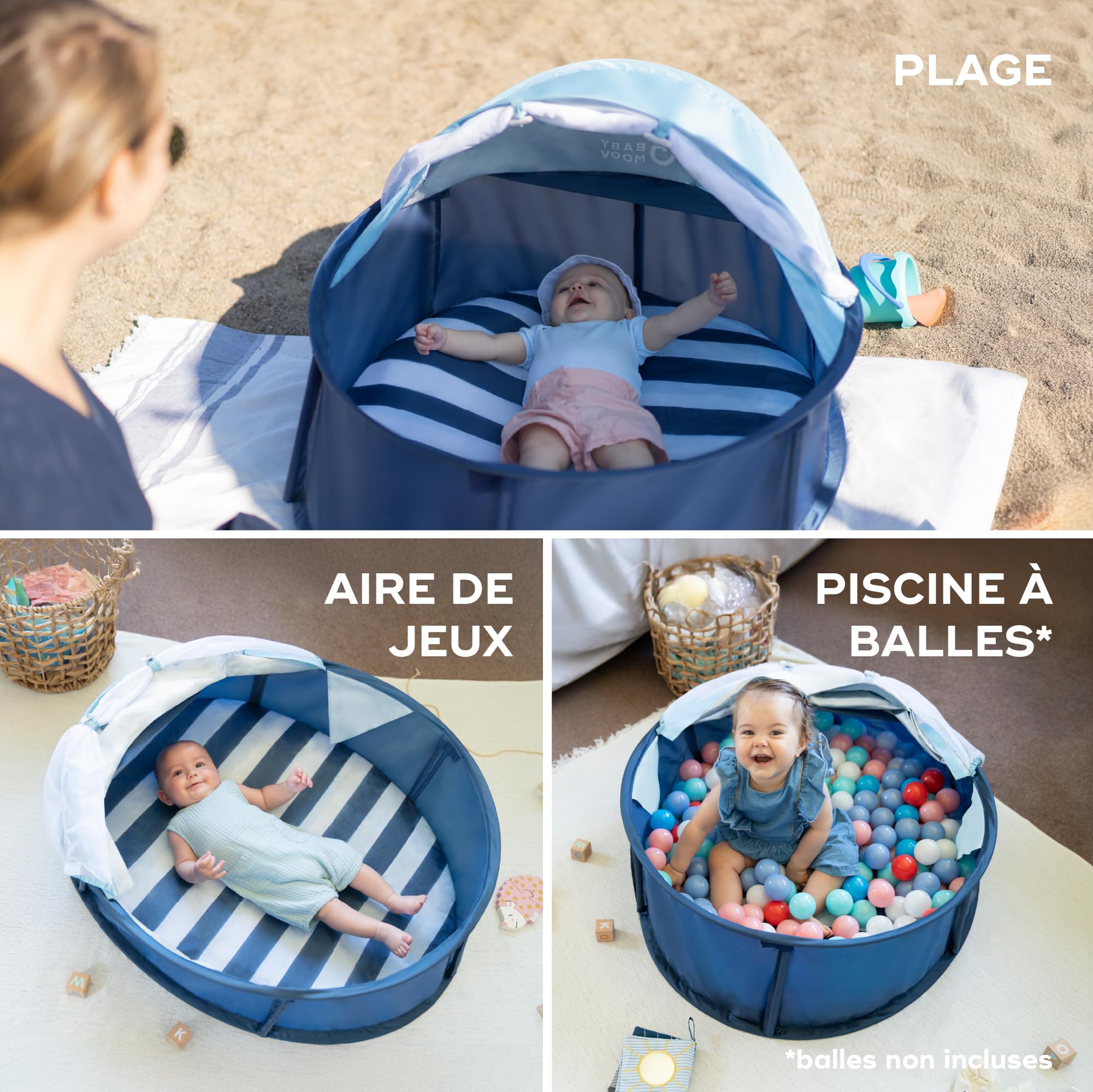 Babymoov Babyni Aire de Jeux Anti-UV FPS 50+, 2en1 Aire de Jeux & Lit d'Appoint, Moustiquaire & Auvent Intégrés, Utilisation Extérieure & Intérieure, Simple à Installer, Marinière