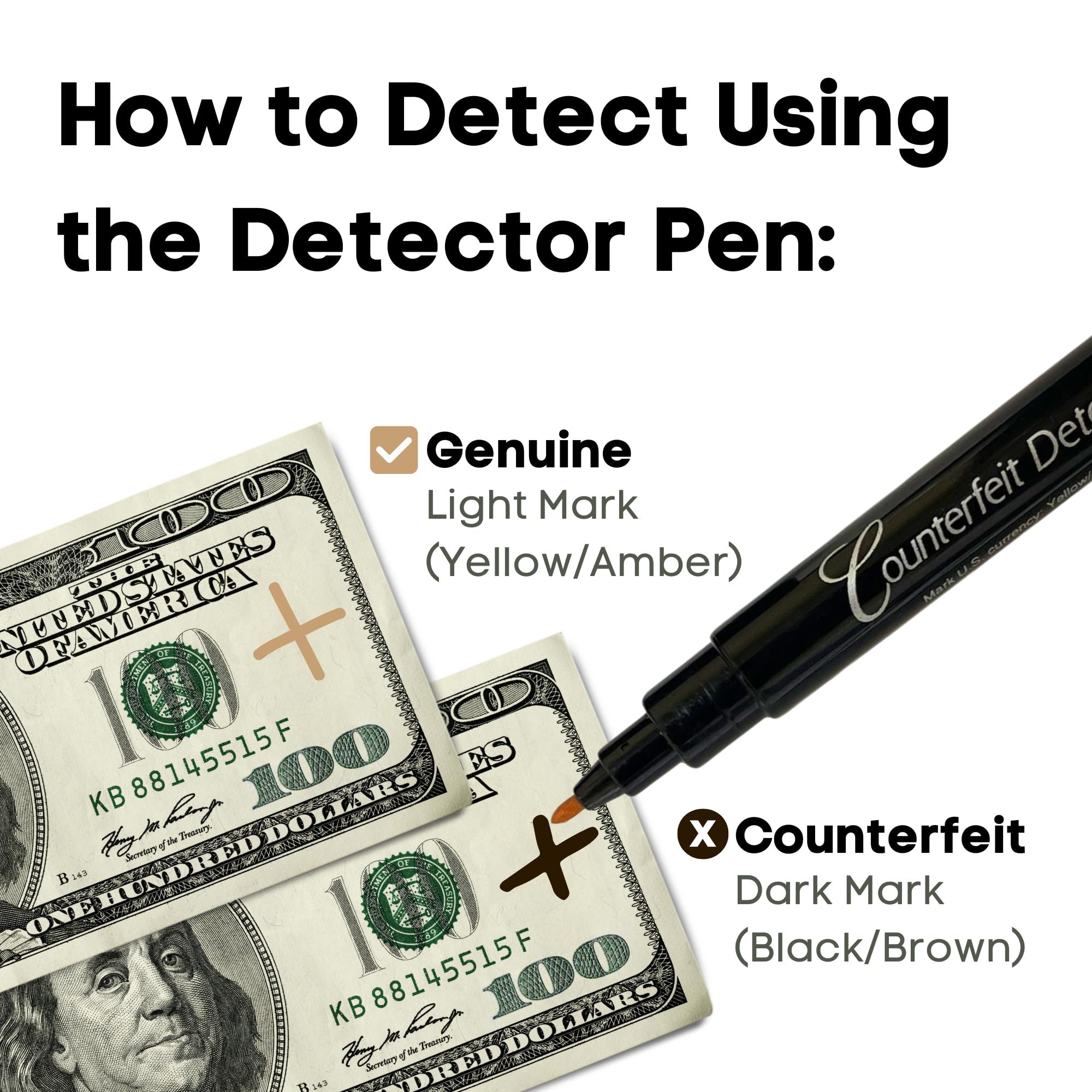 Dri Mark Stylo détecteur de faux billets à double test, lampe UV - Tests pour bandes de sécurité et papier de monnaie authentique, 1 lampe UV / 3 stylos