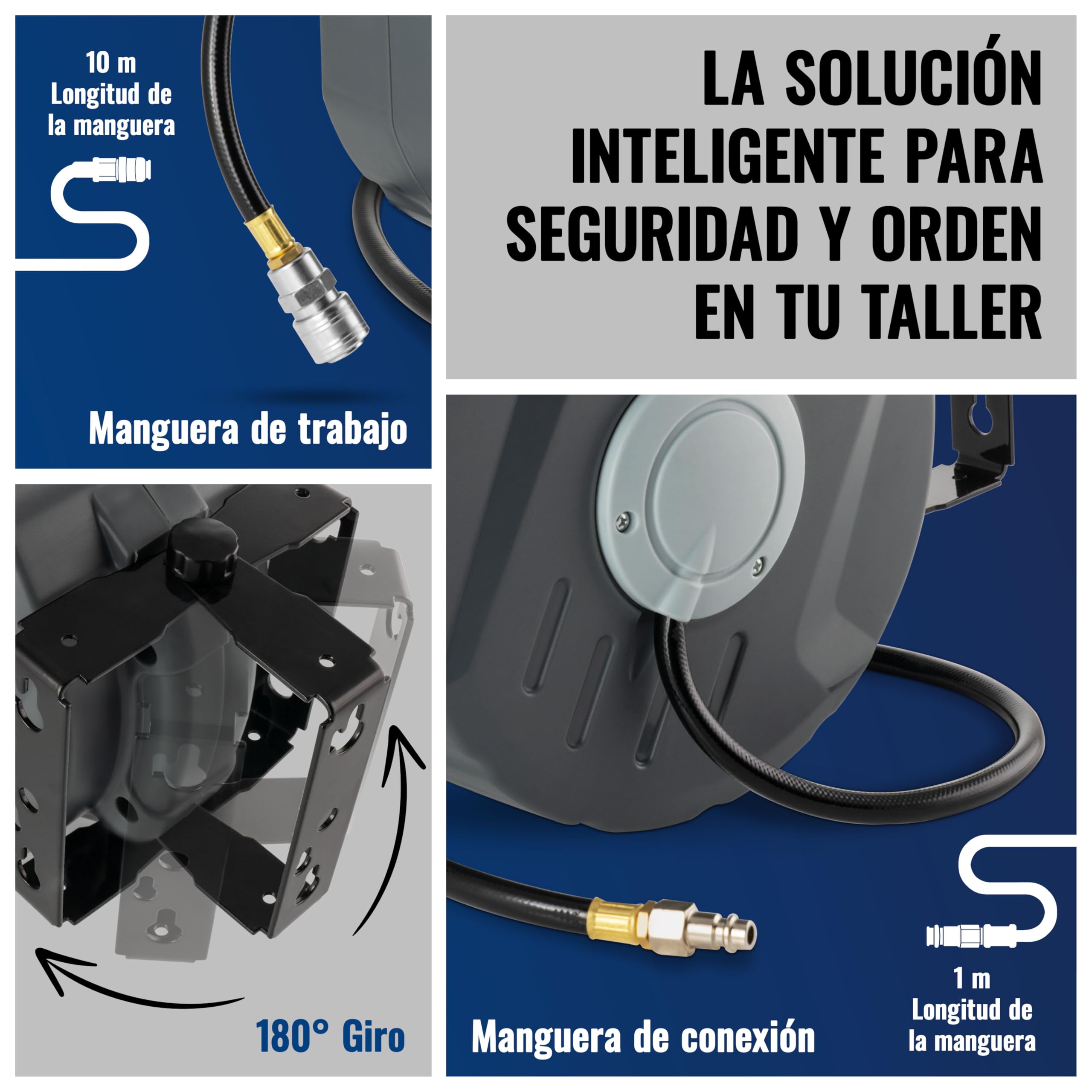 Poppstar Enrollador de manguera de aire comprimido (manguera: 10m + 1m, diámetro interno de 5/16" (8x12mm), 3/8" BSPT), mecanismo de enrollado para manguera de aire comprimido