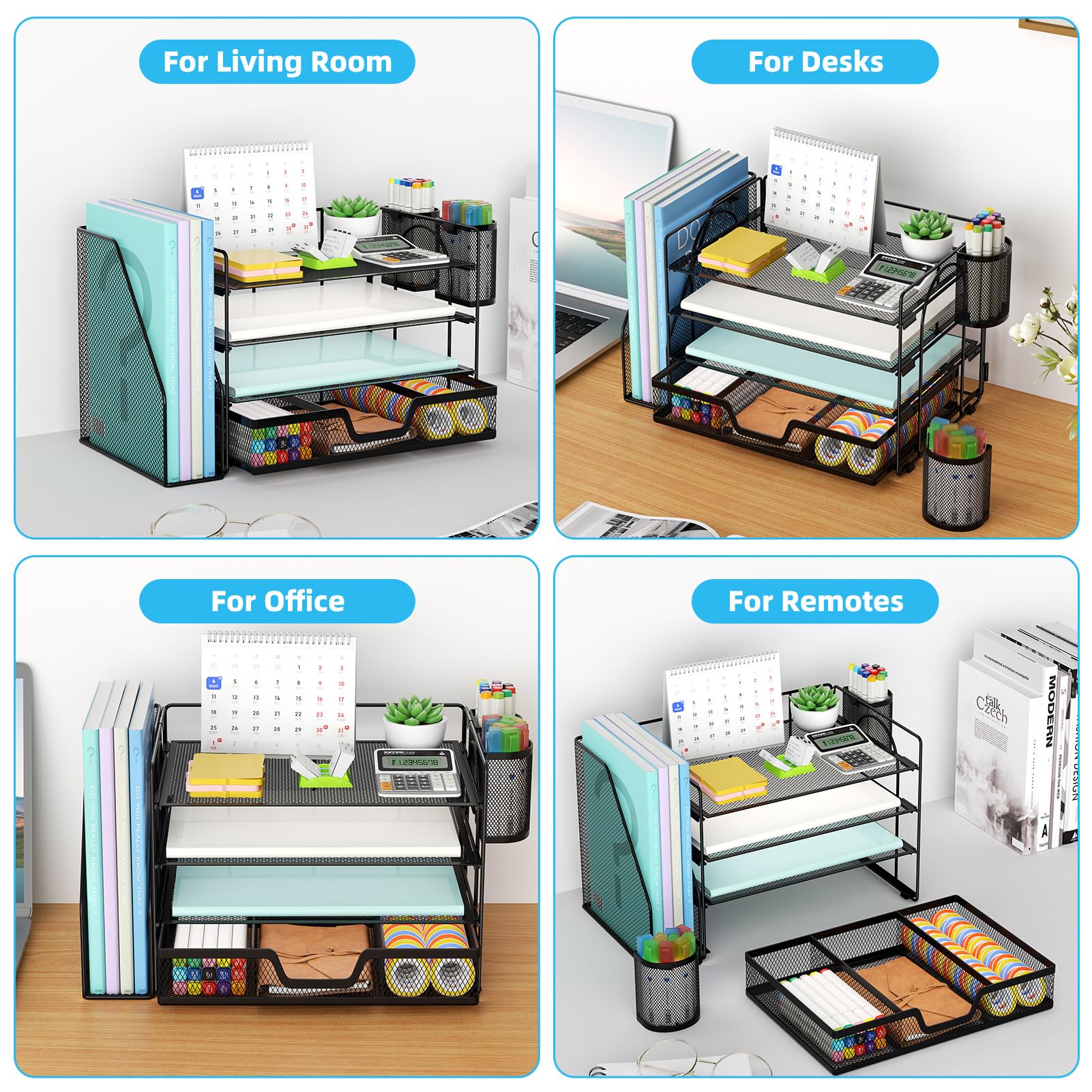 Marbrasse Organizer da scrivania e accessori, organizer per lettere a 4 livelli con porta documenti, accessori da scrivania e spazio di lavoro, organizer da scrivania con cassetto e 2 portapenne, per