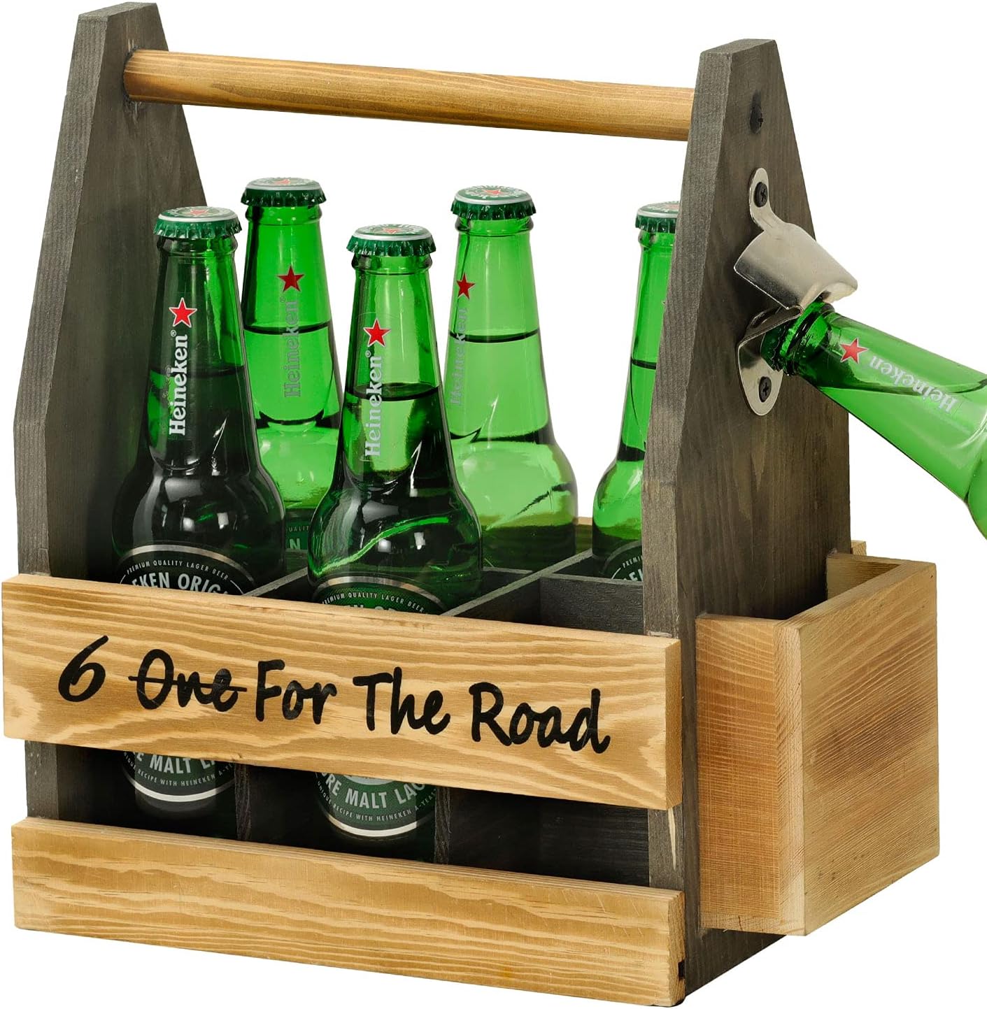 MyGift Beer Bottles Caddy with Two-Tone Natural Wood with Top Handle, Side Bottle Opener and Cap Catcher
