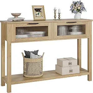 GarveeHome 43.3" Entryway Table, Wood Console Table with 2 Glass Drawers, 2 Tier Sofa Table with Storage for Living Room, Entryway, Natural.