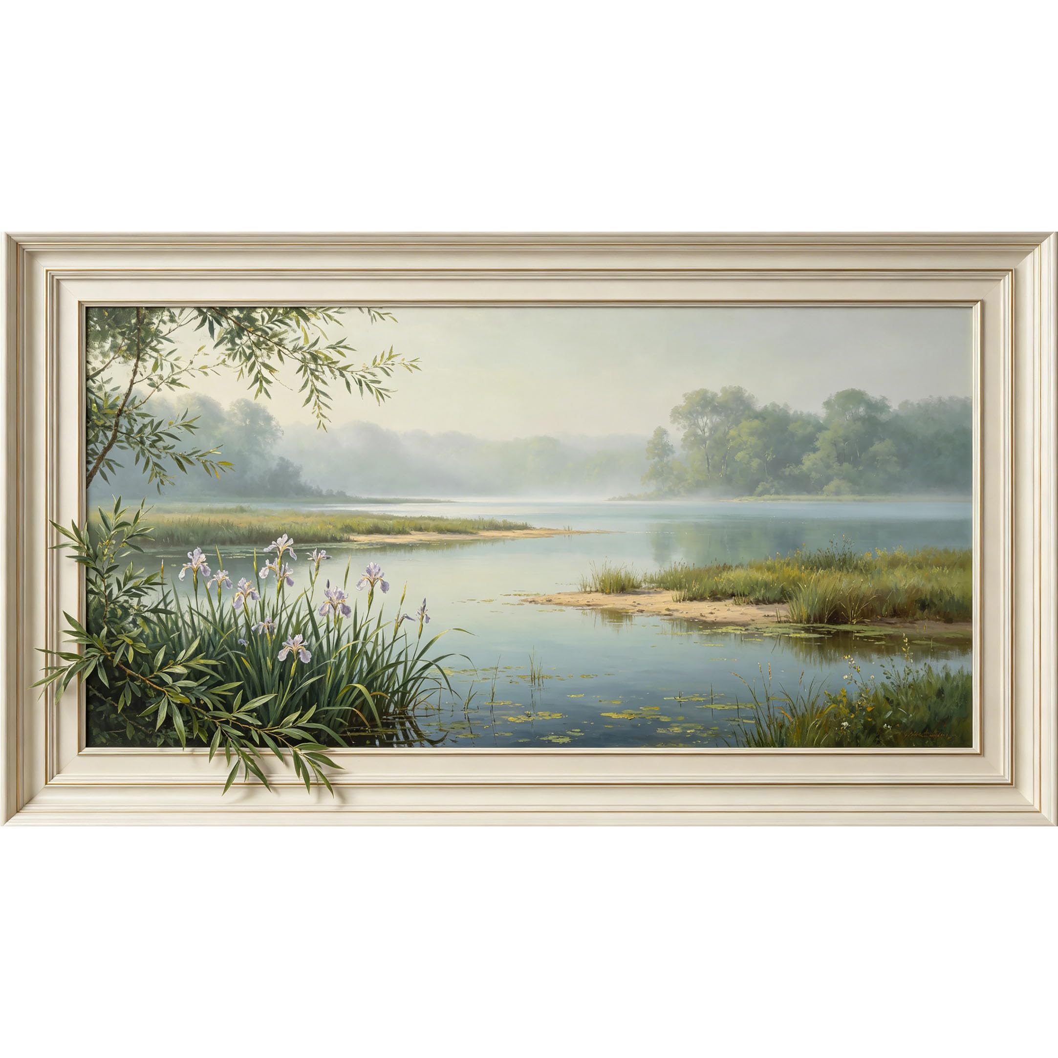 QZLITHOTIC 50x90cm3D Framed Wall Art， Misty Lake Landscape with Wildflowers Botanical Self‑Adhesive Mural， Water‑Activated Peel & Stick Fabric Decor Wall Decal for Bedroom Living Room
