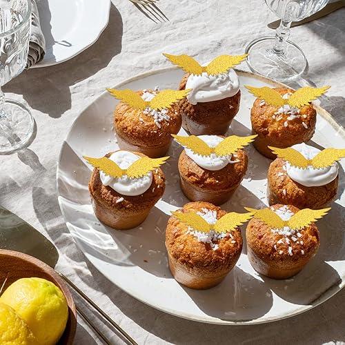 Miniatura 5 de 50 alas doradas de snitch para fiesta de mago, decoración de cupcakes, alas de Snitch Wings Wafer Cupcake Toppers con 50 puntos de pegamento,