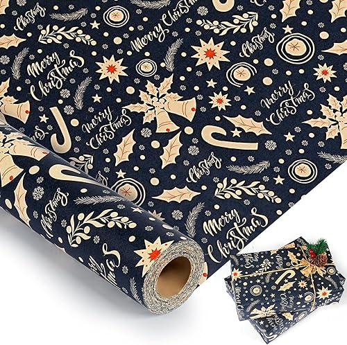 Miniatura 8 de Rollo de papel de regalo de Navidad, papel de estraza azul marino, 17 pulgadas x 49 pies, copo de nieve, diseño floral de Navidad y reno, papel de