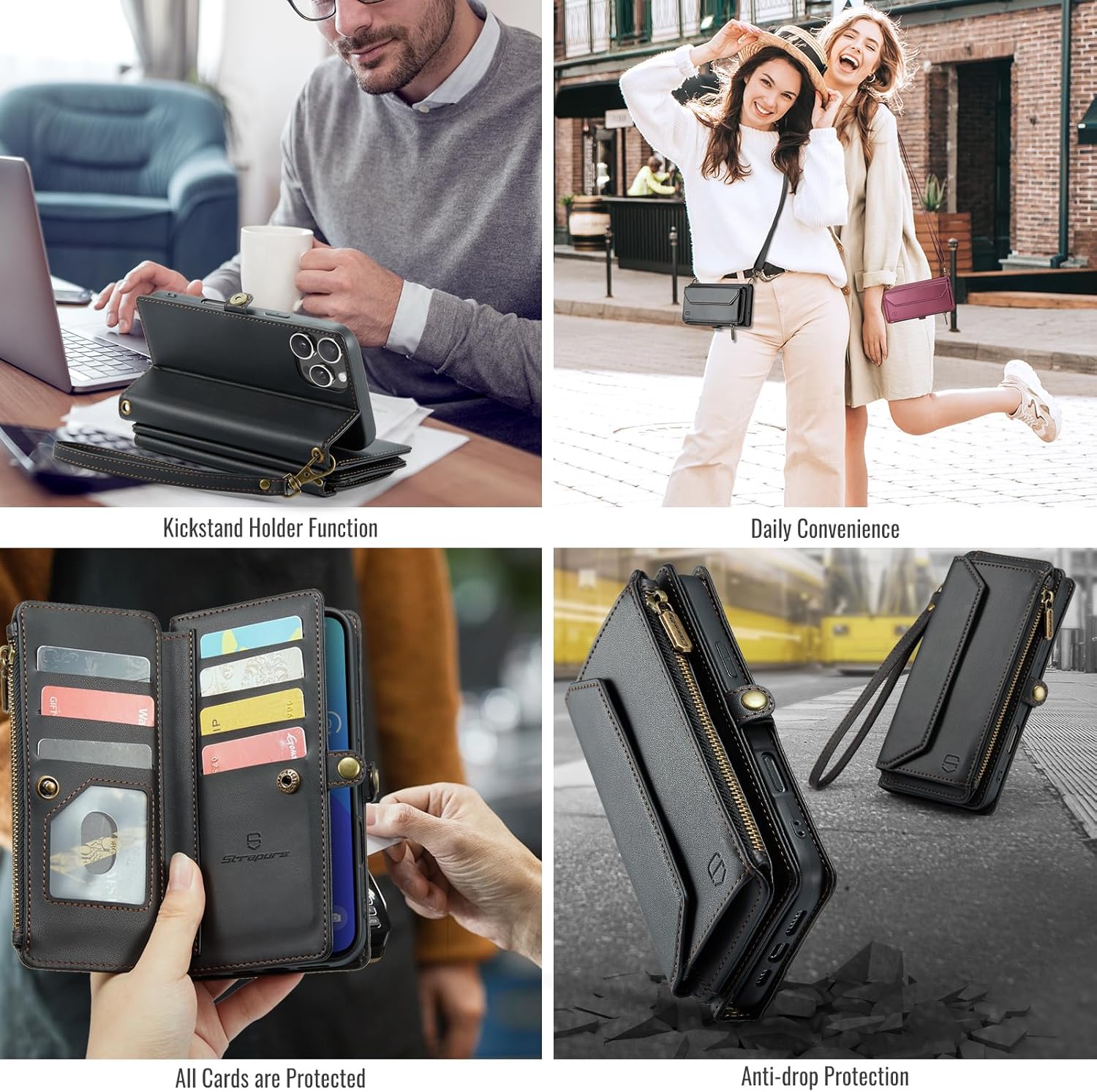 Strapurs Wallet Case Compatible with iPhone 16 Pro Max 6.9" RFID Blocking 10-Card Holder Soft PU Leather Magnetic Snap Shoulder Strap Zipper Pocket Phone Case Fit for iPhone 16 Pro Max - Black